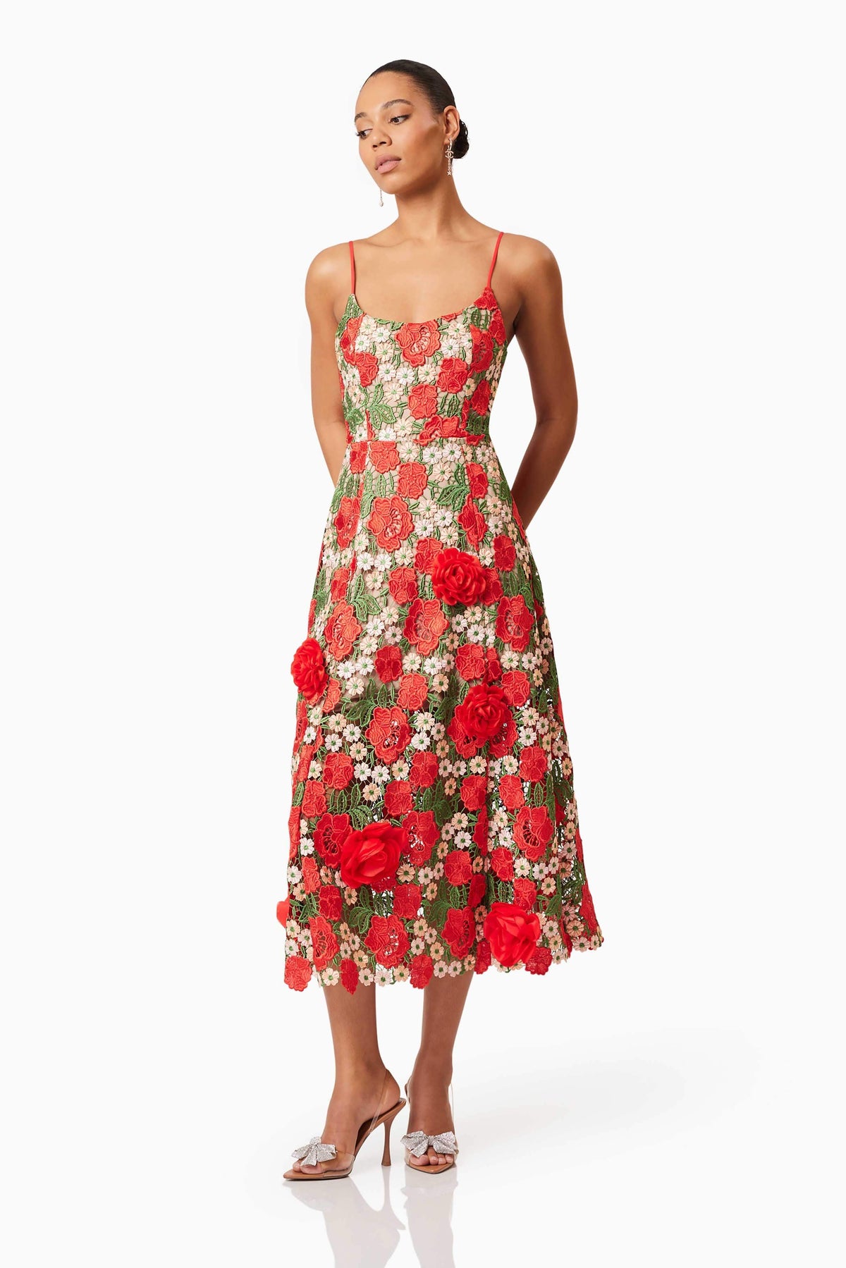 Roselyn Embroidered Midi Dress In Red