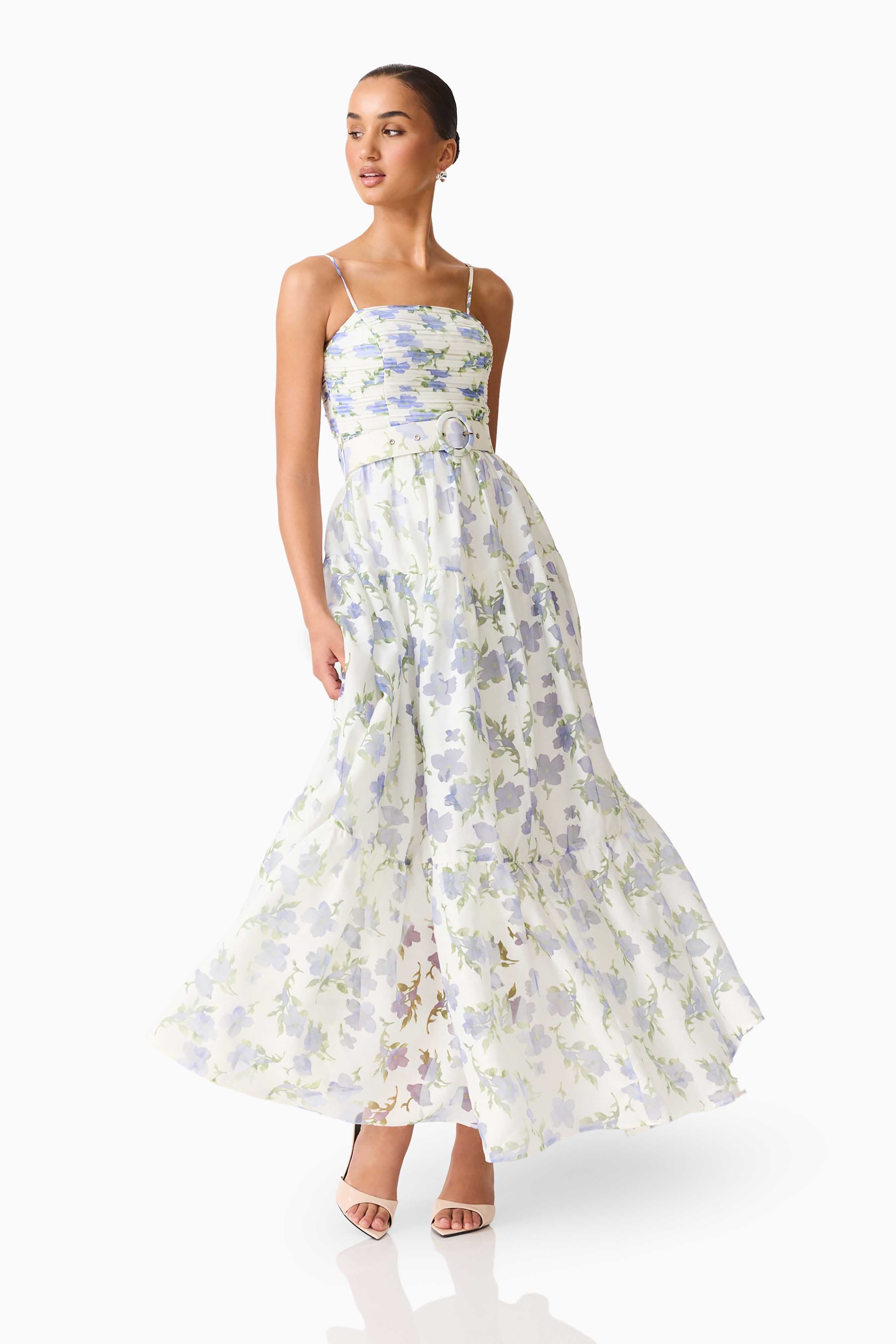 Cleo A-line Gown in White & Blue Floral
