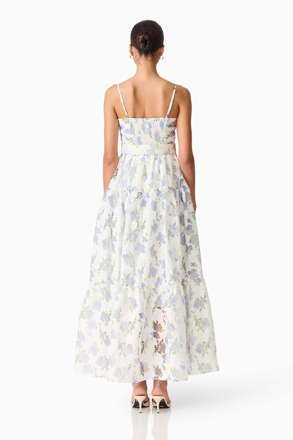 Cleo A-line Gown in White & Blue Floral