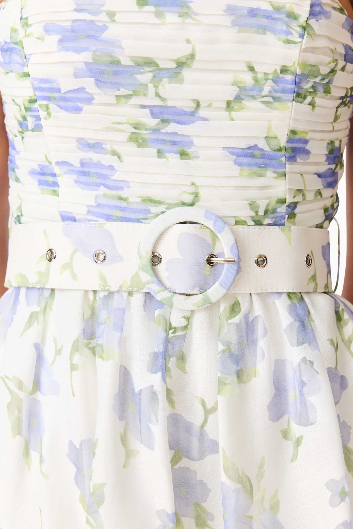 Cleo A-line Gown in White & Blue Floral