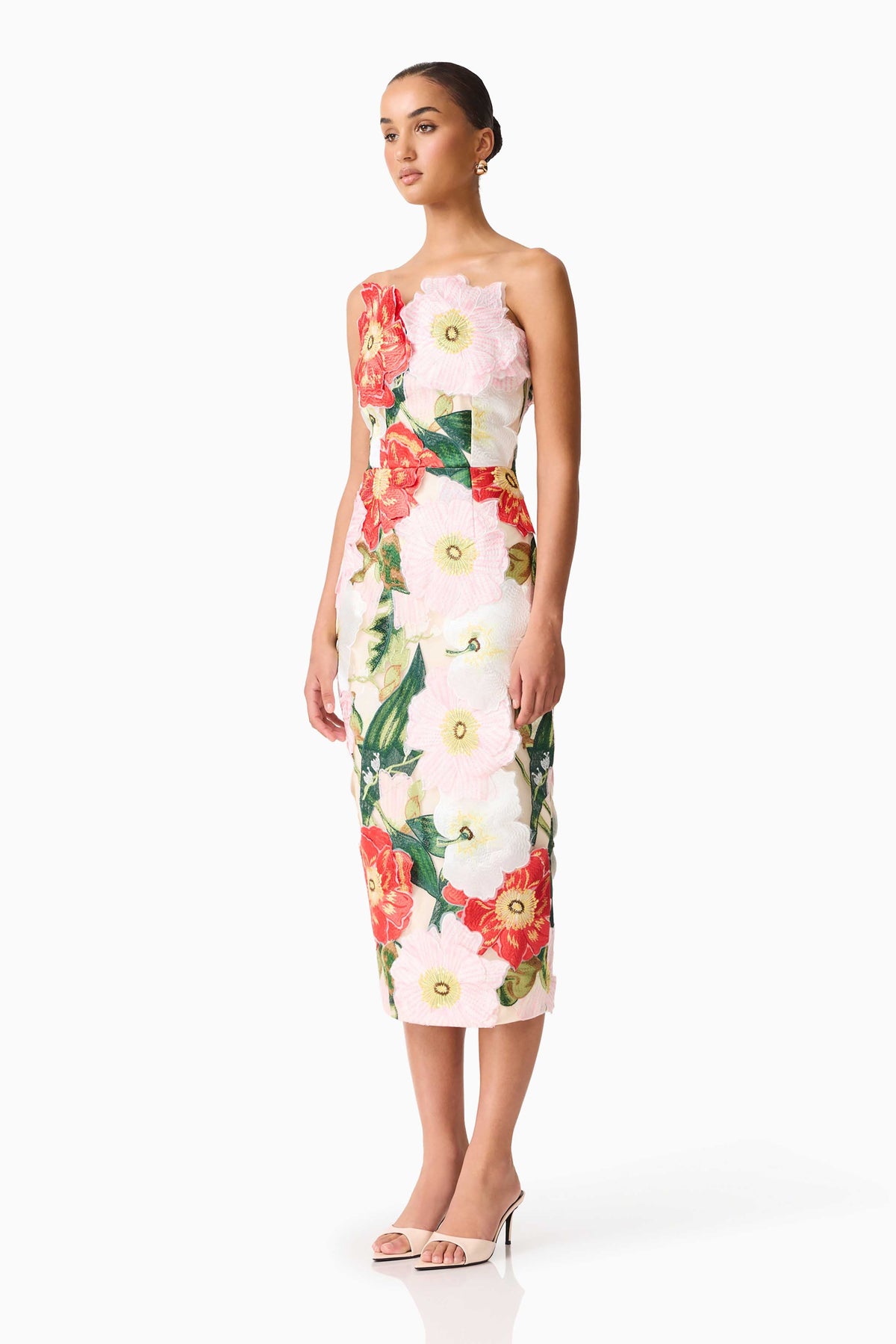 Solara Strapless Midi Dress in Pink Floral