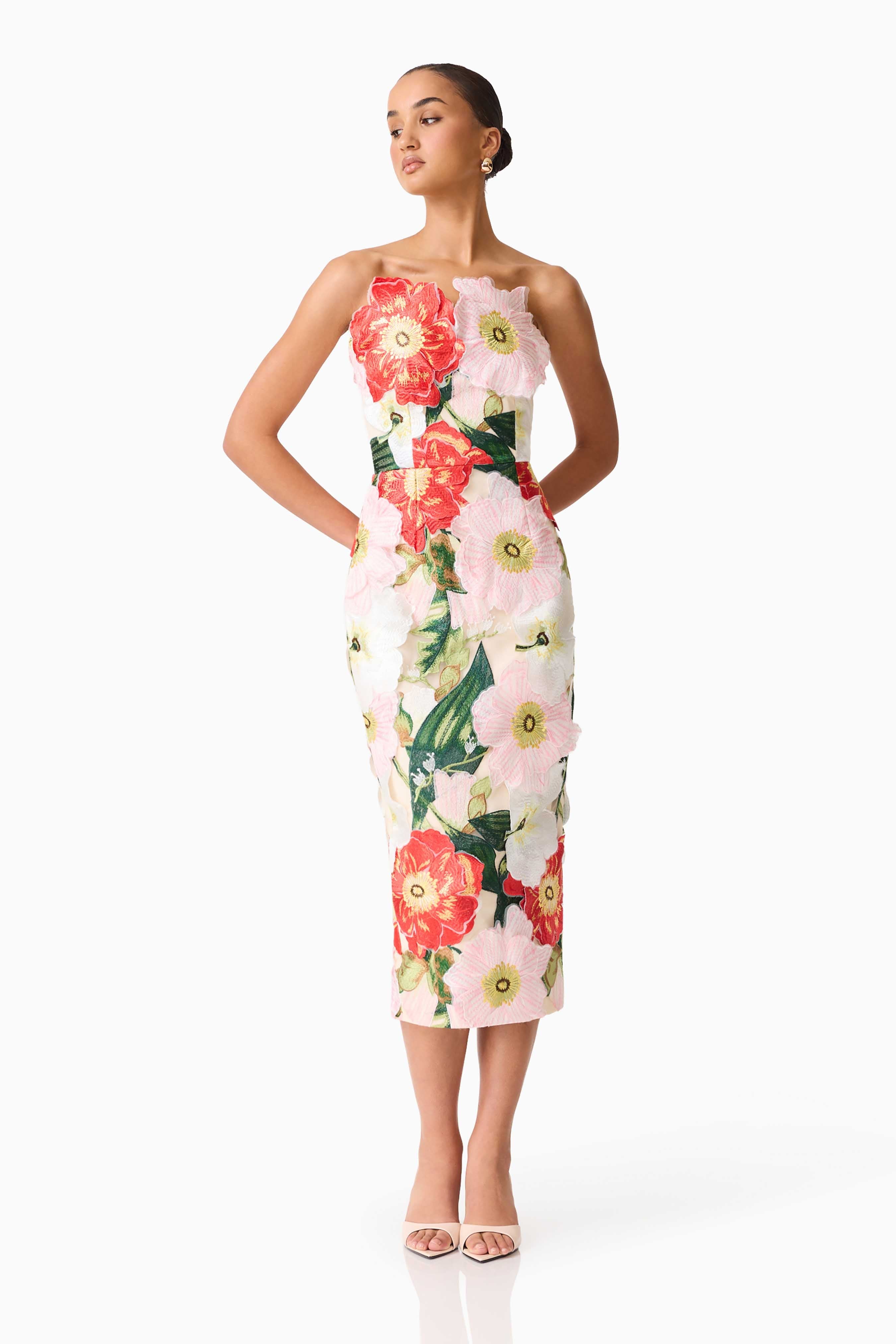 Solara Strapless Midi Dress in Pink Floral