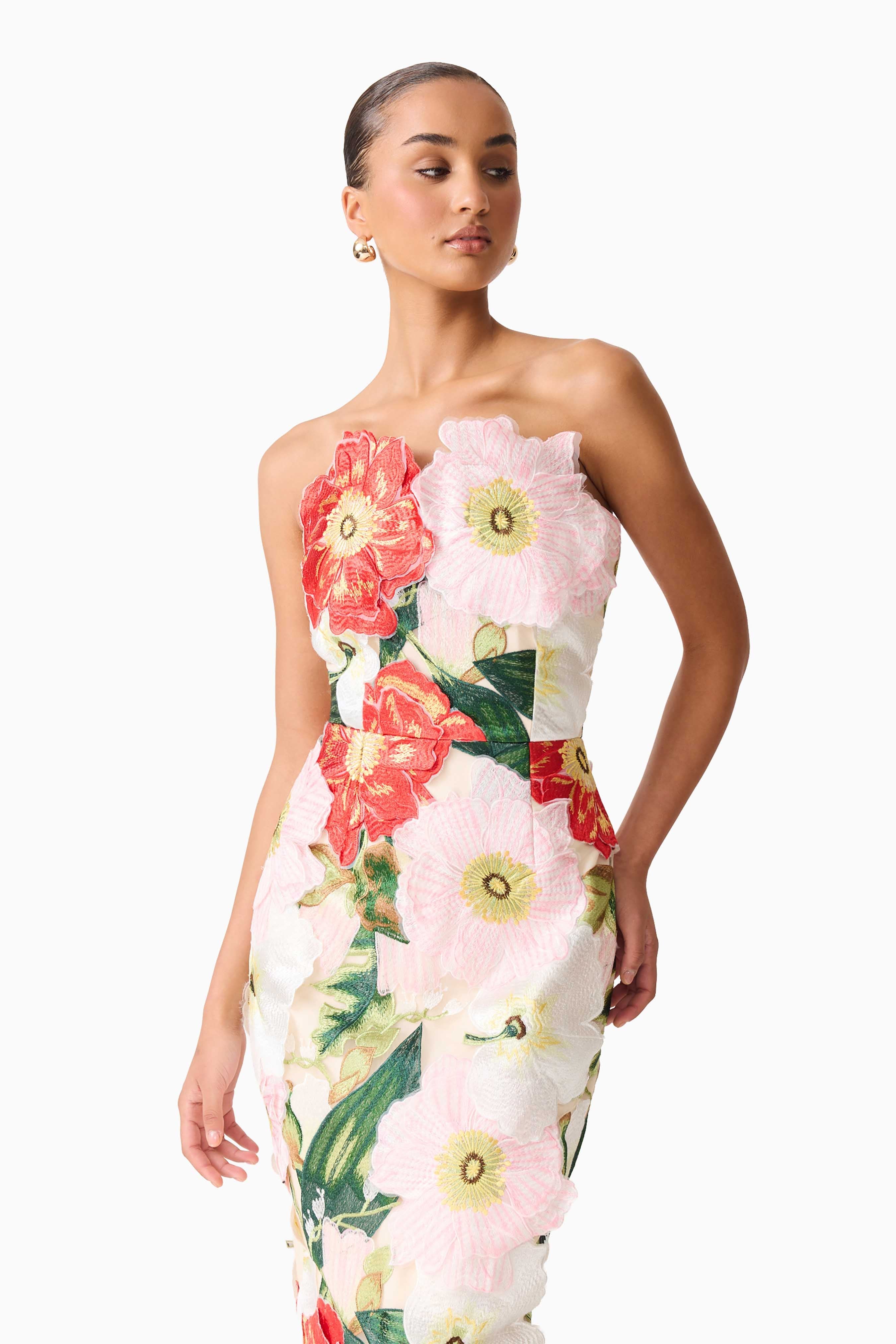 Solara Strapless Midi Dress in Pink Floral