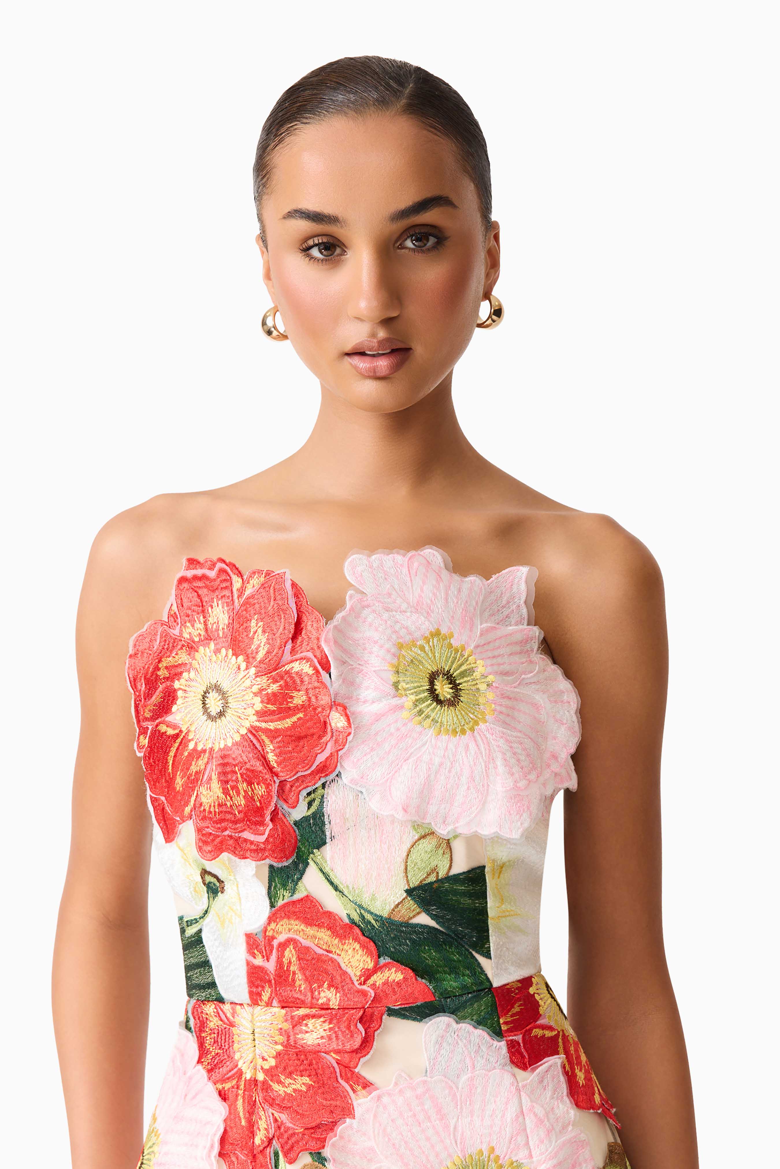 Solara Strapless Midi Dress in Pink Floral