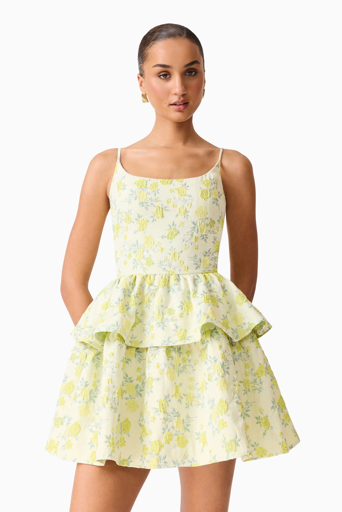 Posey Jacquard Mini Dress in Green Floral