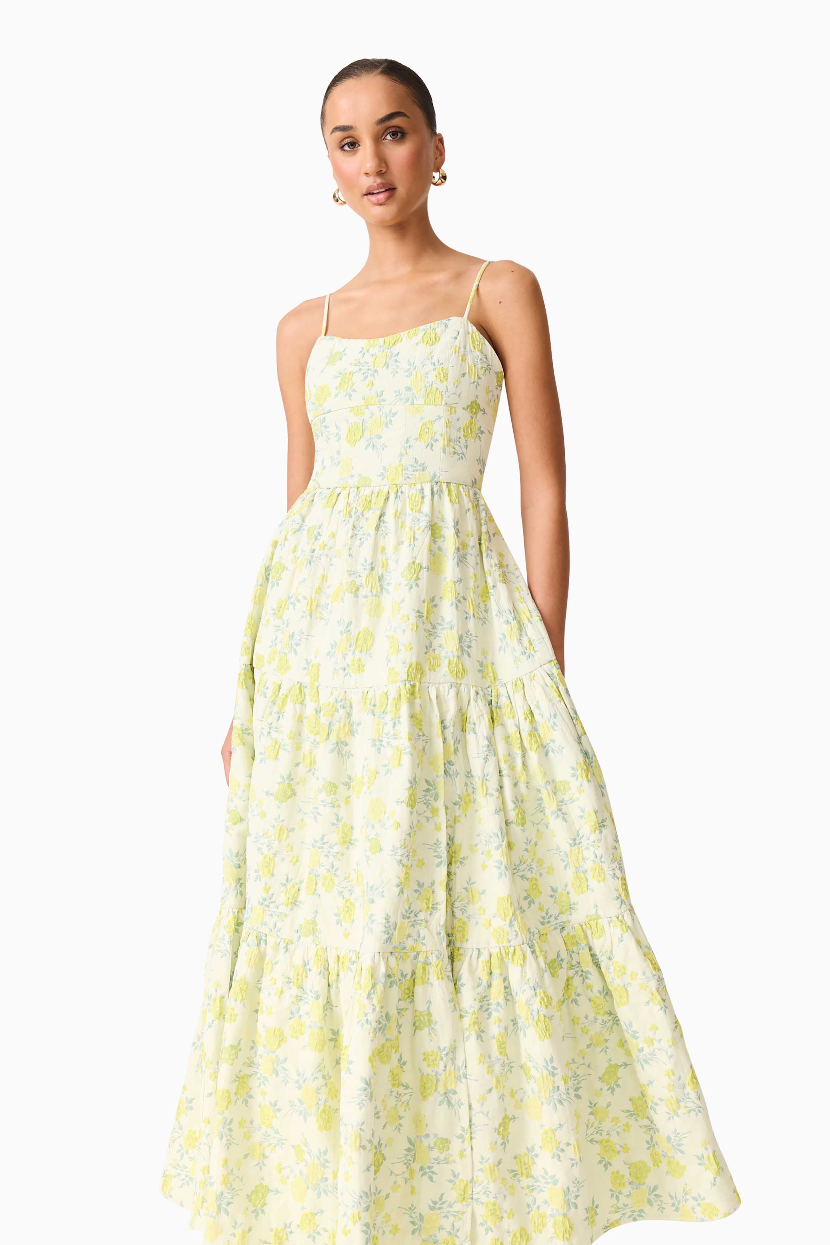 Posey Jacquard Gown in Green Floral