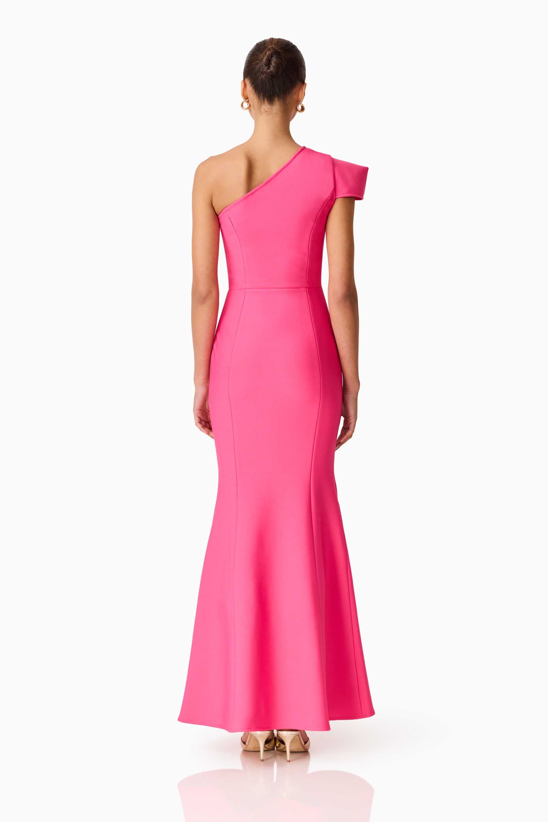 Opline One Shoulder Gown in Hot Pink