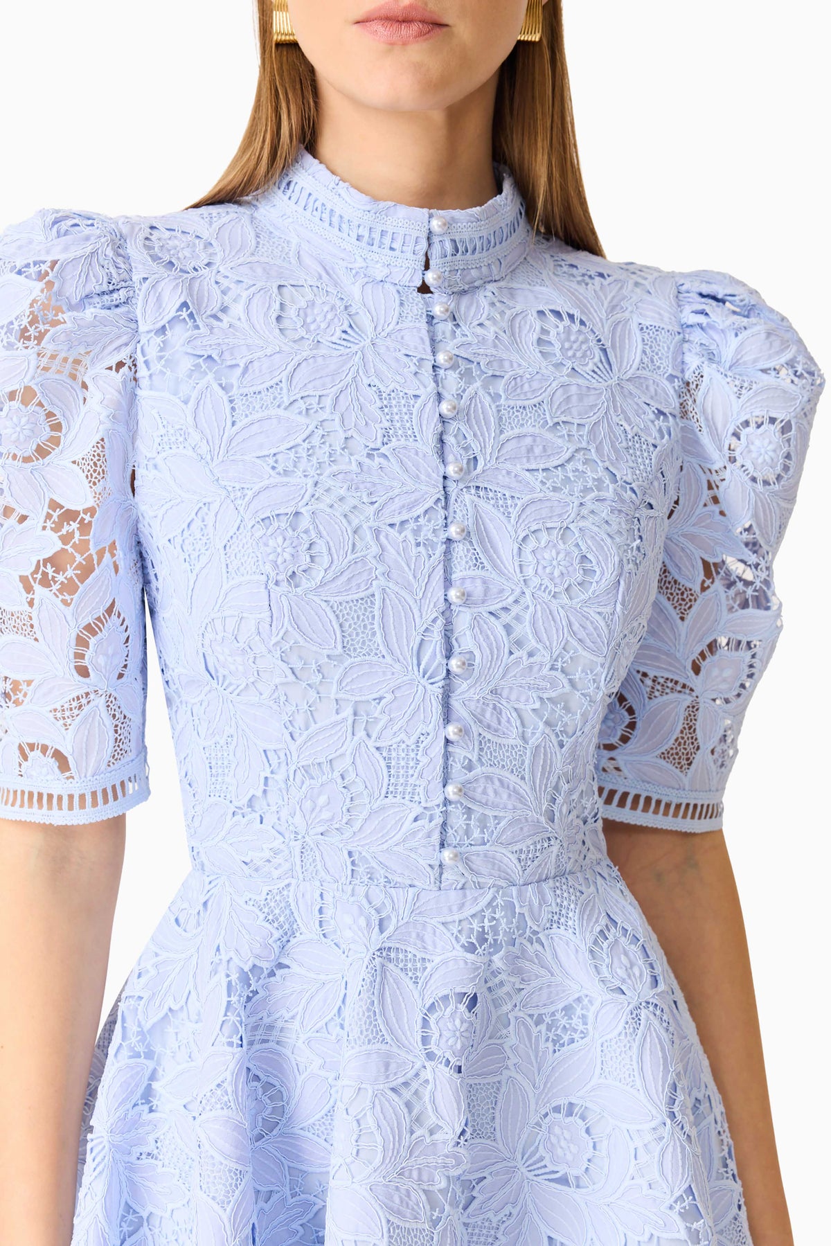 Lacy Puff Sleeve Mini Dress in Powder Blue
