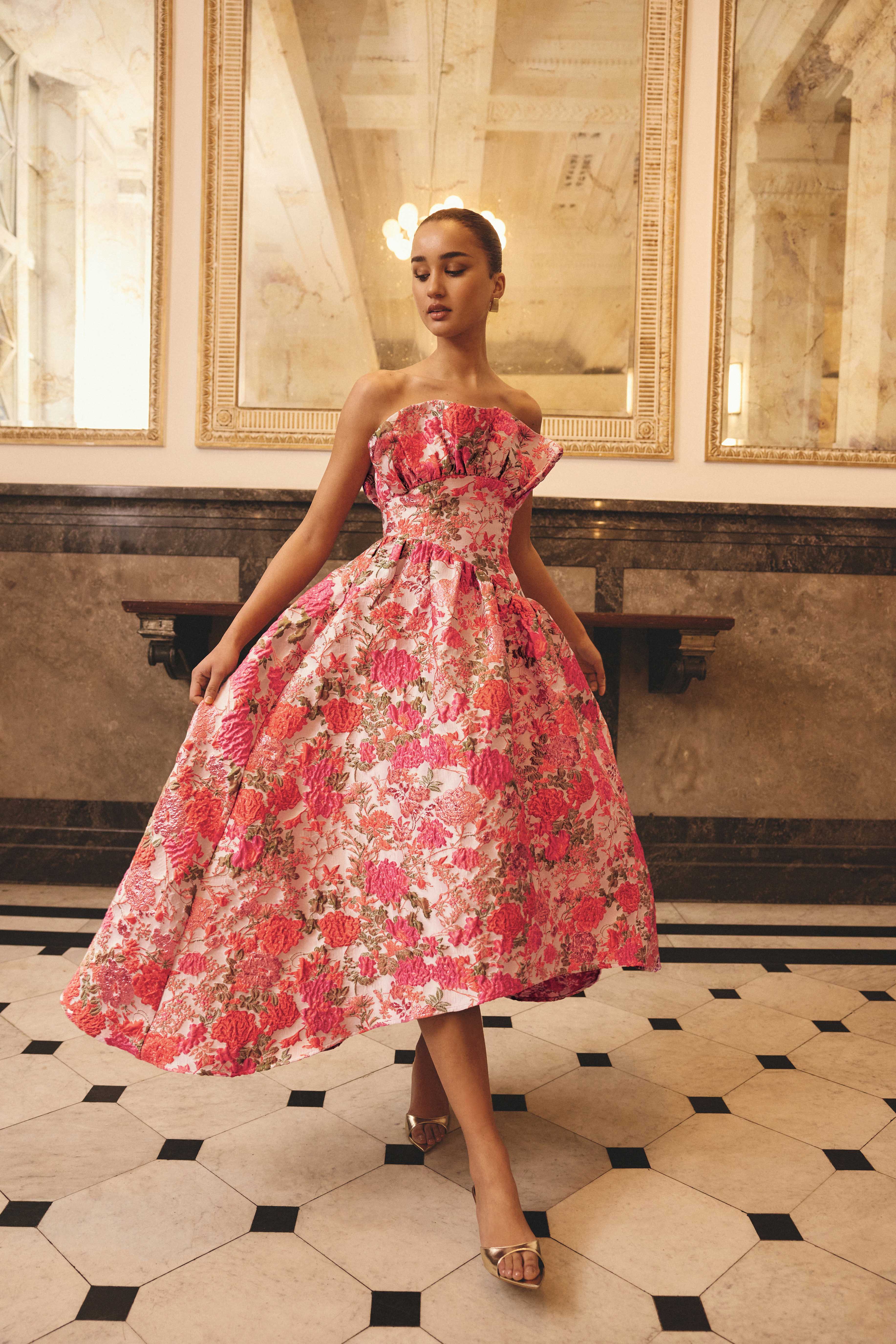 Floralie Strapless Gown in Pink Floral