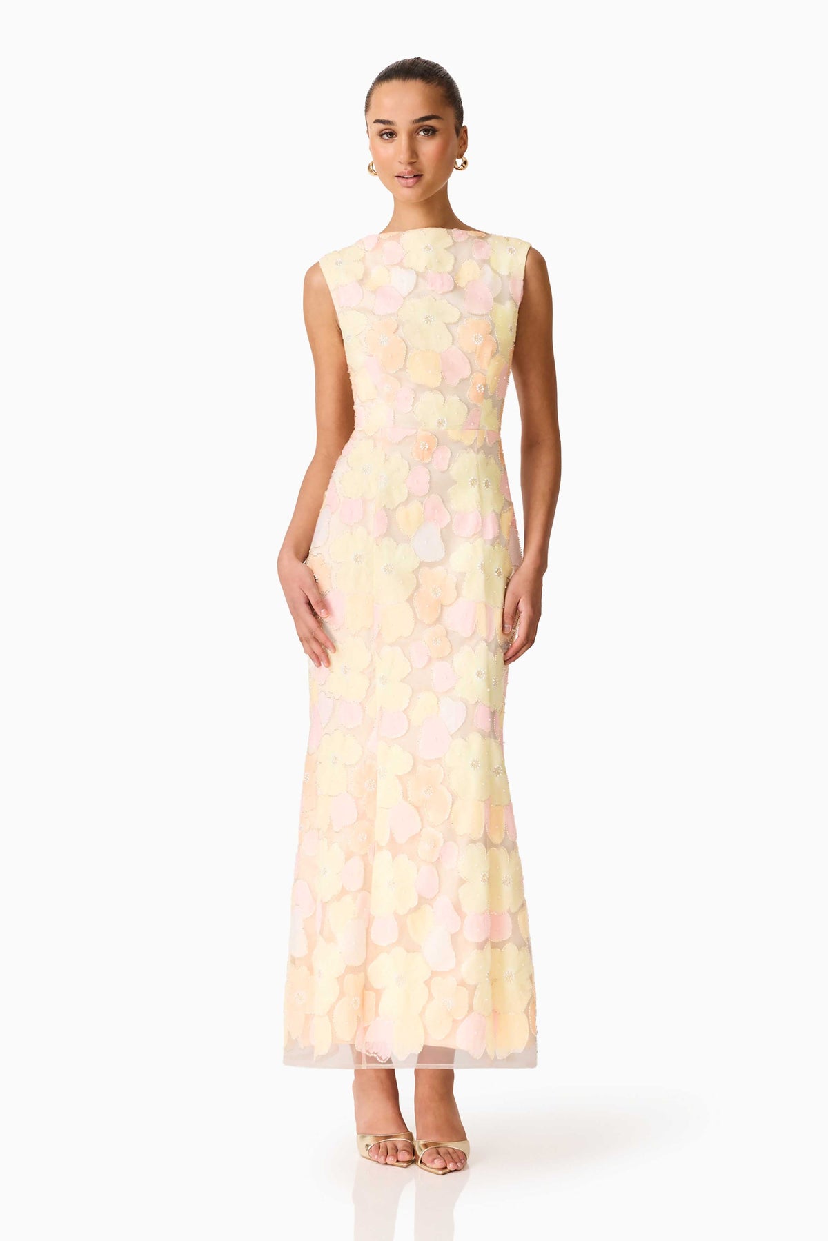Zaria Sleeveless Gown in Yellow Floral