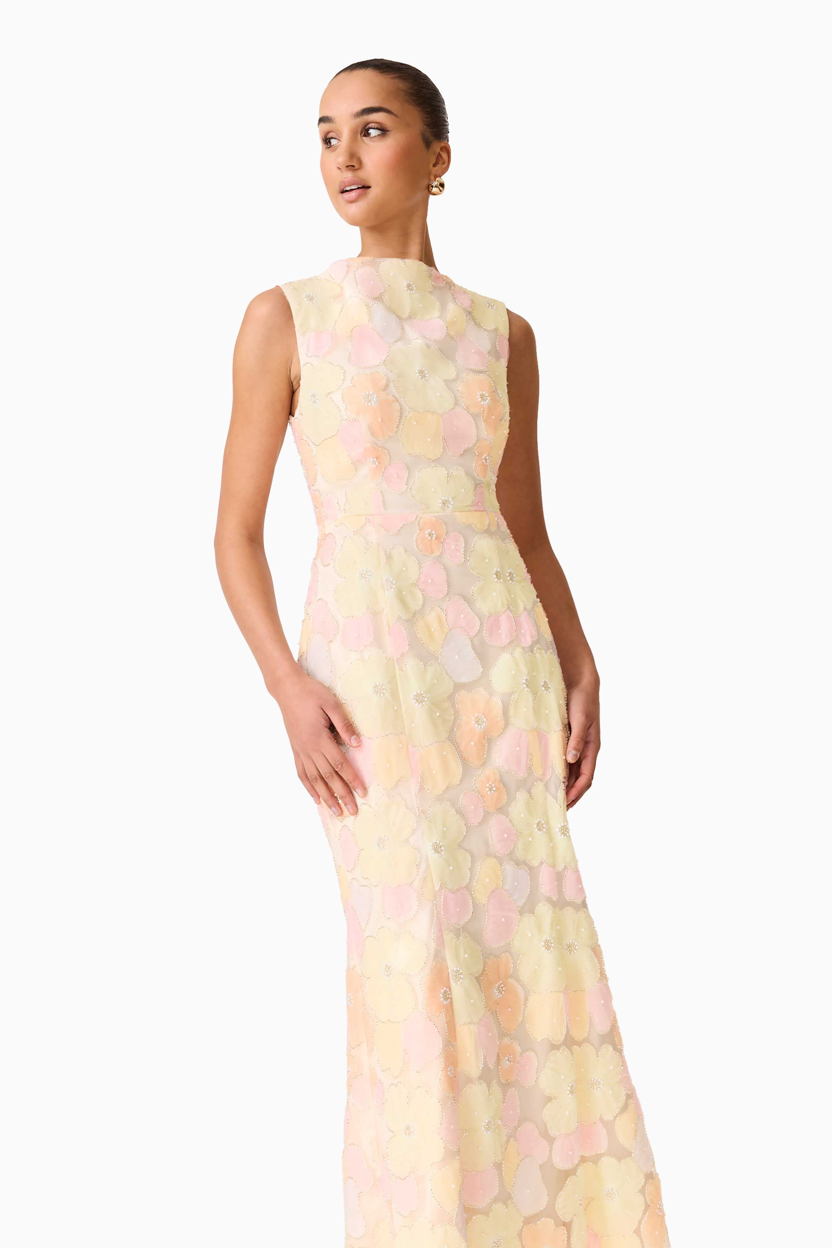 Zaria Sleeveless Gown in Yellow Floral
