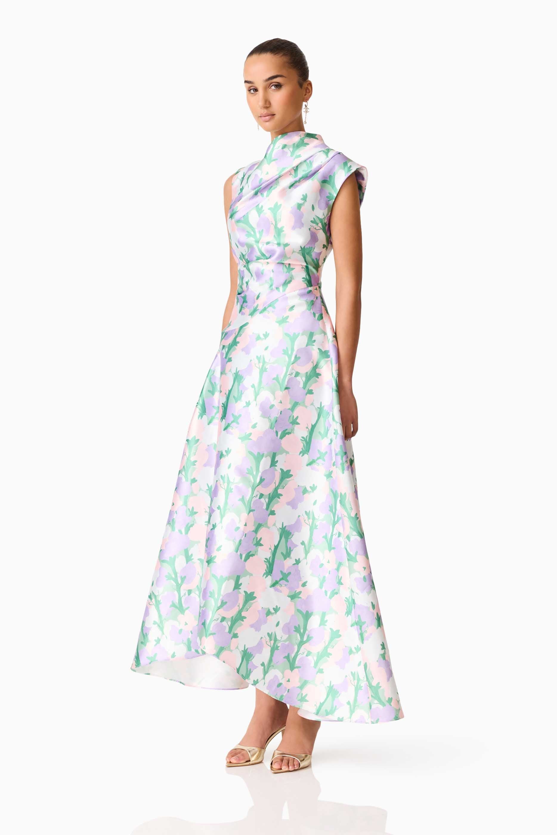 Lavina Asymmetrical Gown in Green & Purple Floral