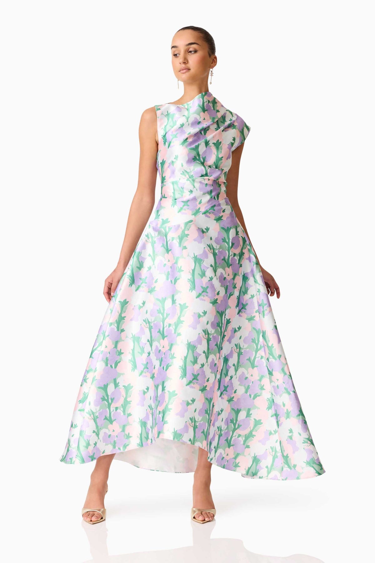 Lavina Asymmetrical Gown in Green & Purple Floral