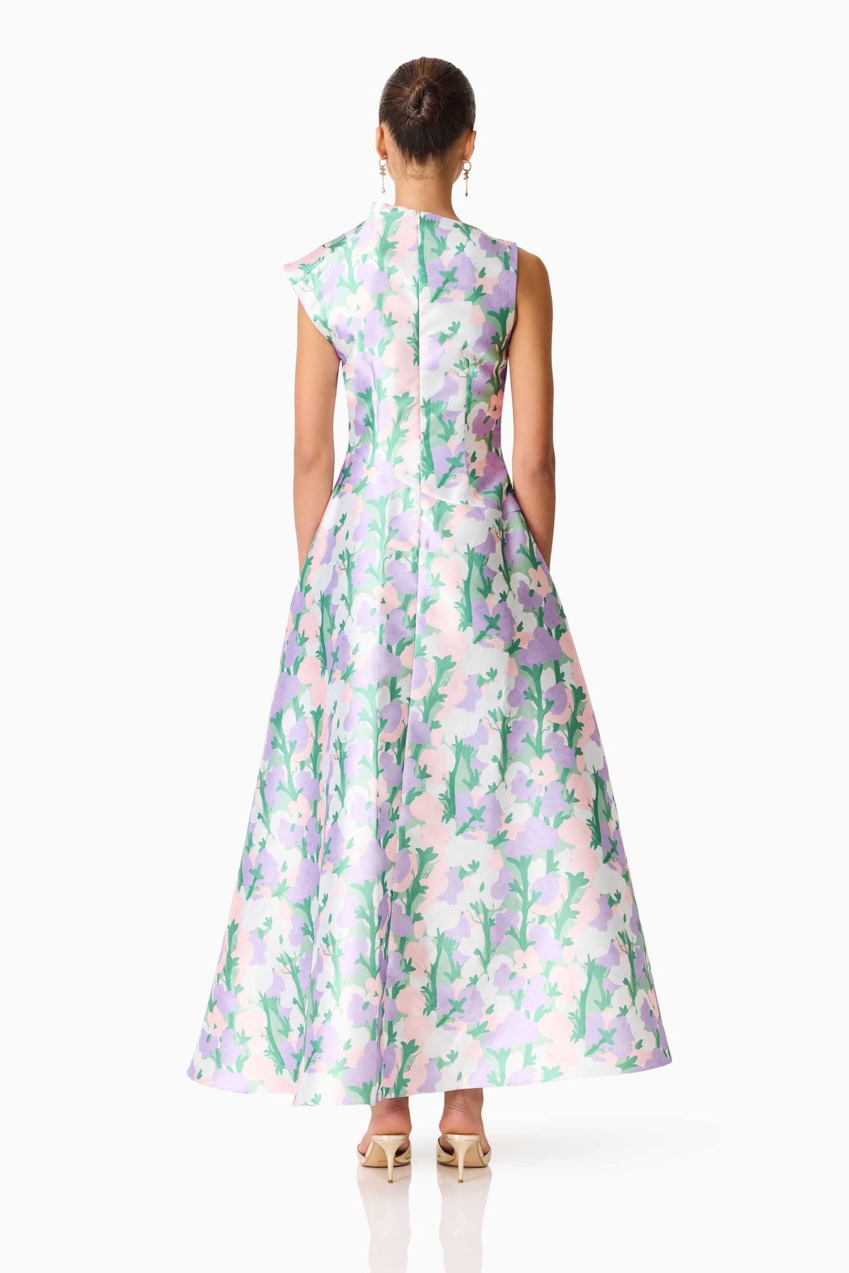 Lavina Asymmetrical Gown in Green & Purple Floral