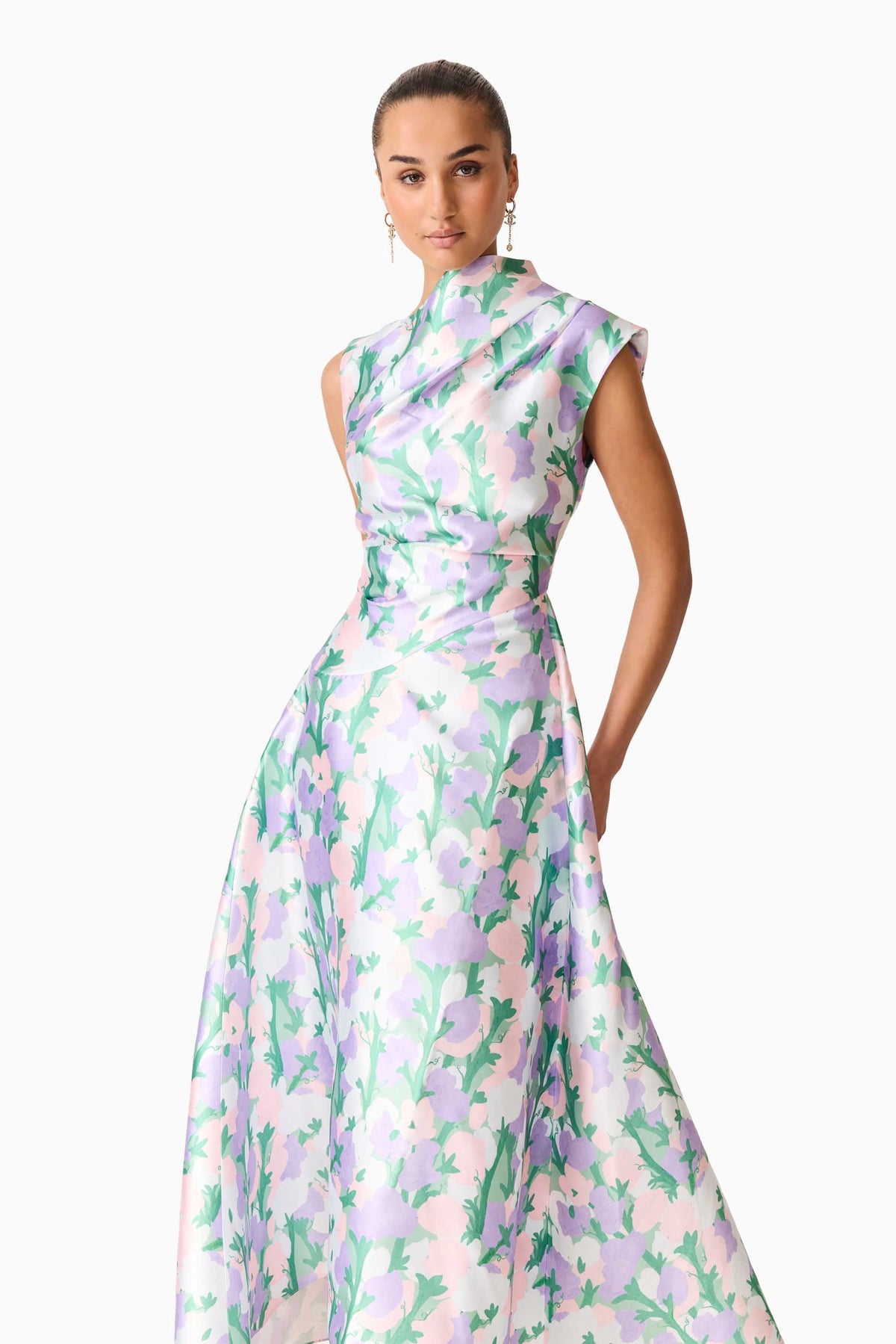Lavina Asymmetrical Gown in Green & Purple Floral