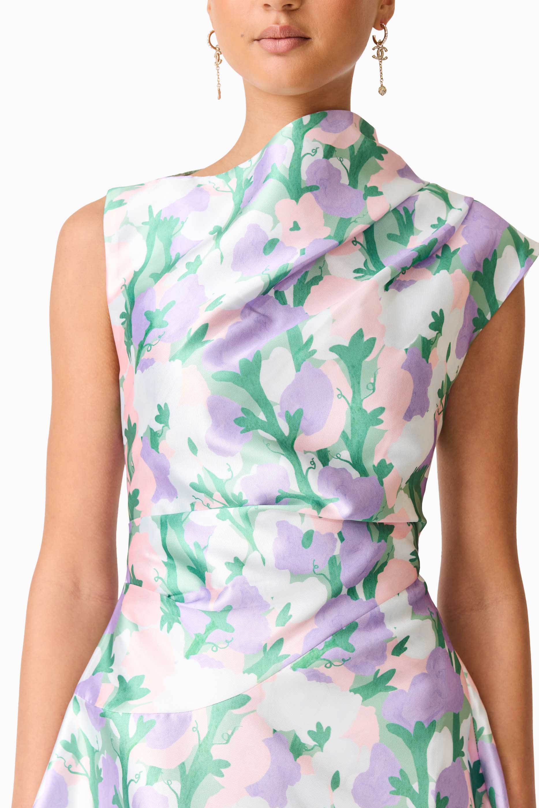 Lavina Asymmetrical Gown in Green & Purple Floral