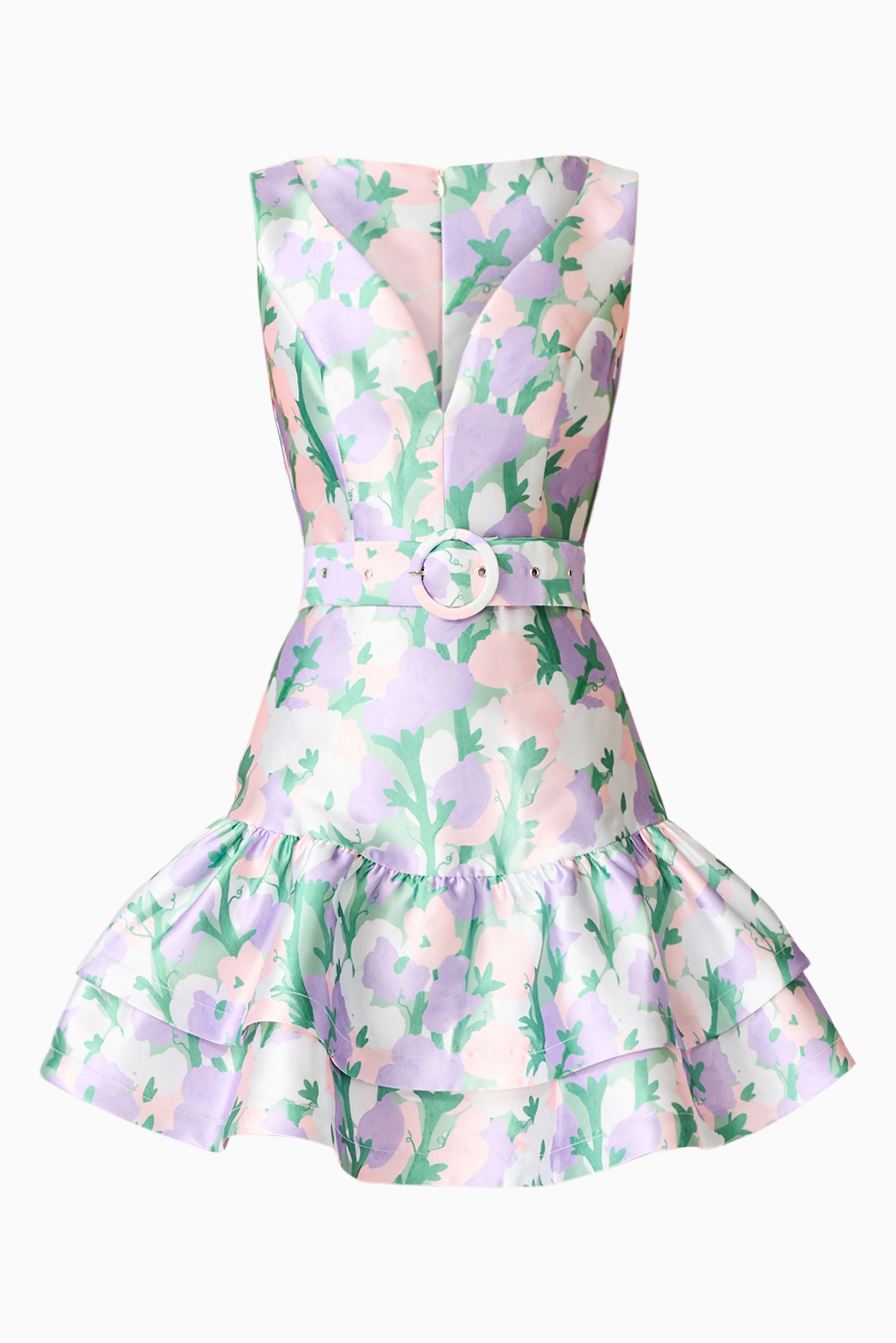 Lavina V-Neck Mini Dress in Green & Purple Floral