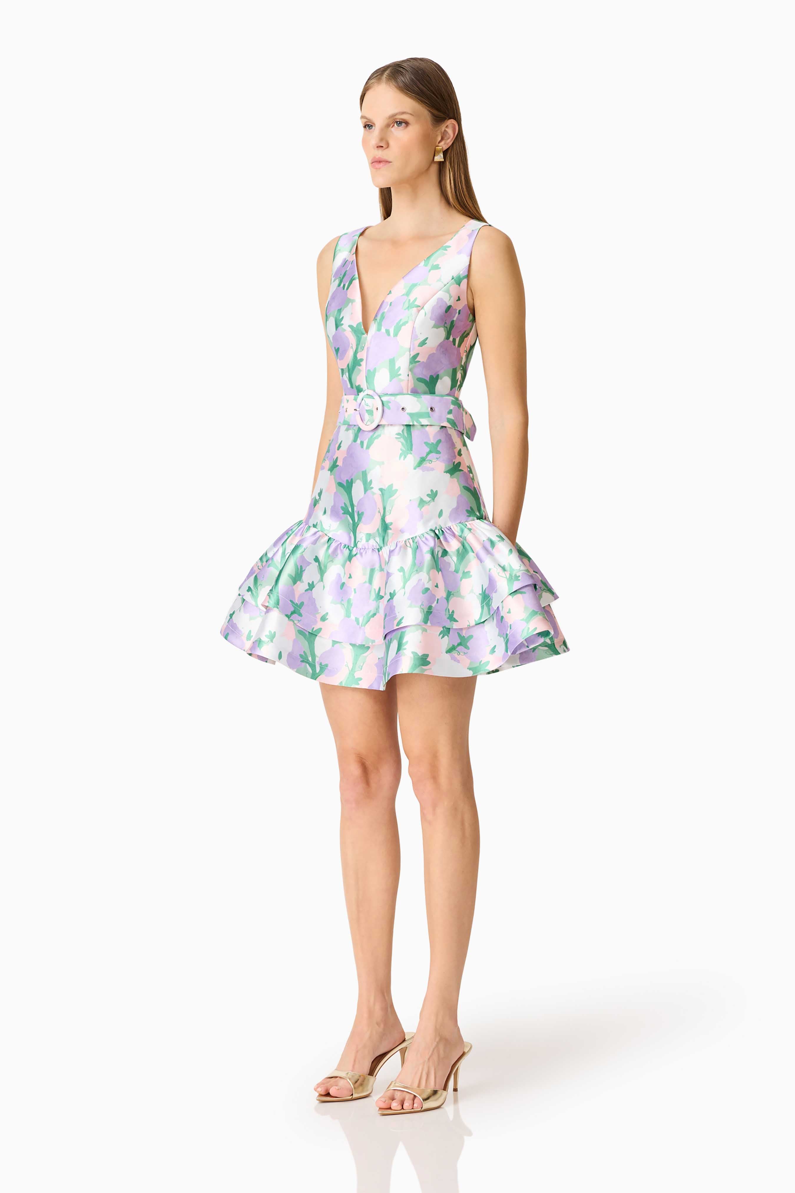 Lavina V-Neck Mini Dress in Green & Purple Floral
