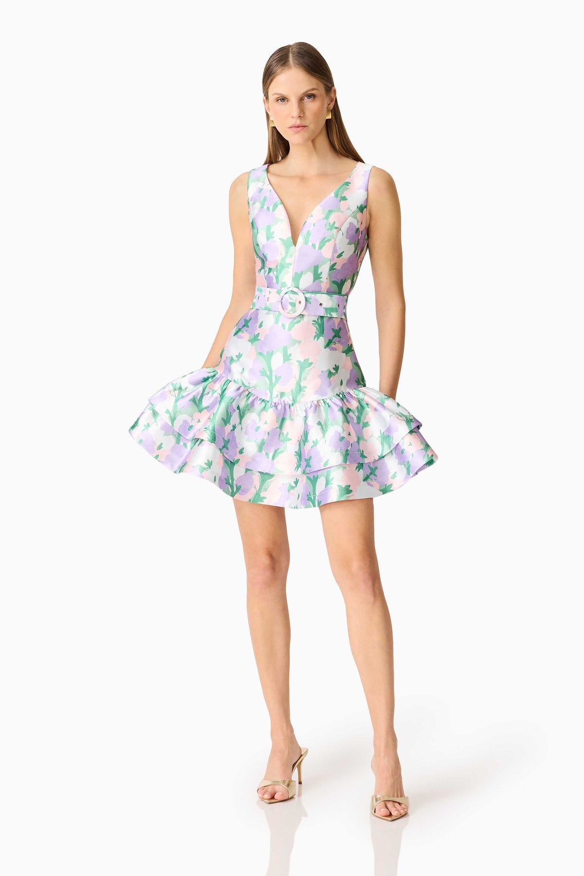 Lavina V-Neck Mini Dress in Green & Purple Floral