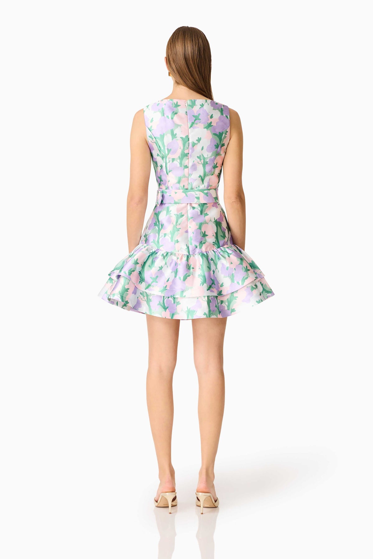 Lavina V-Neck Mini Dress in Green & Purple Floral