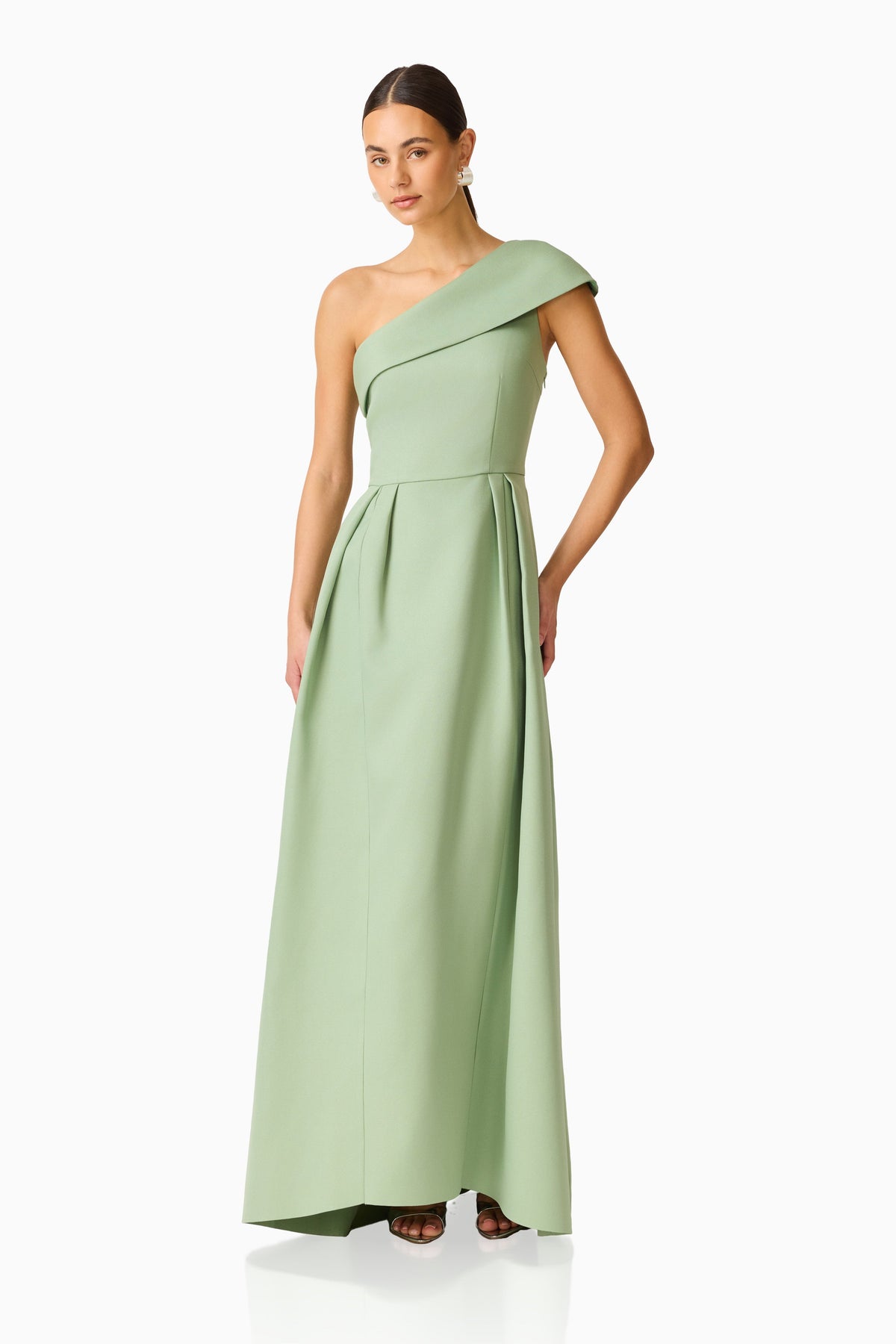 Saphine One Shoulder Gown in Sage Green