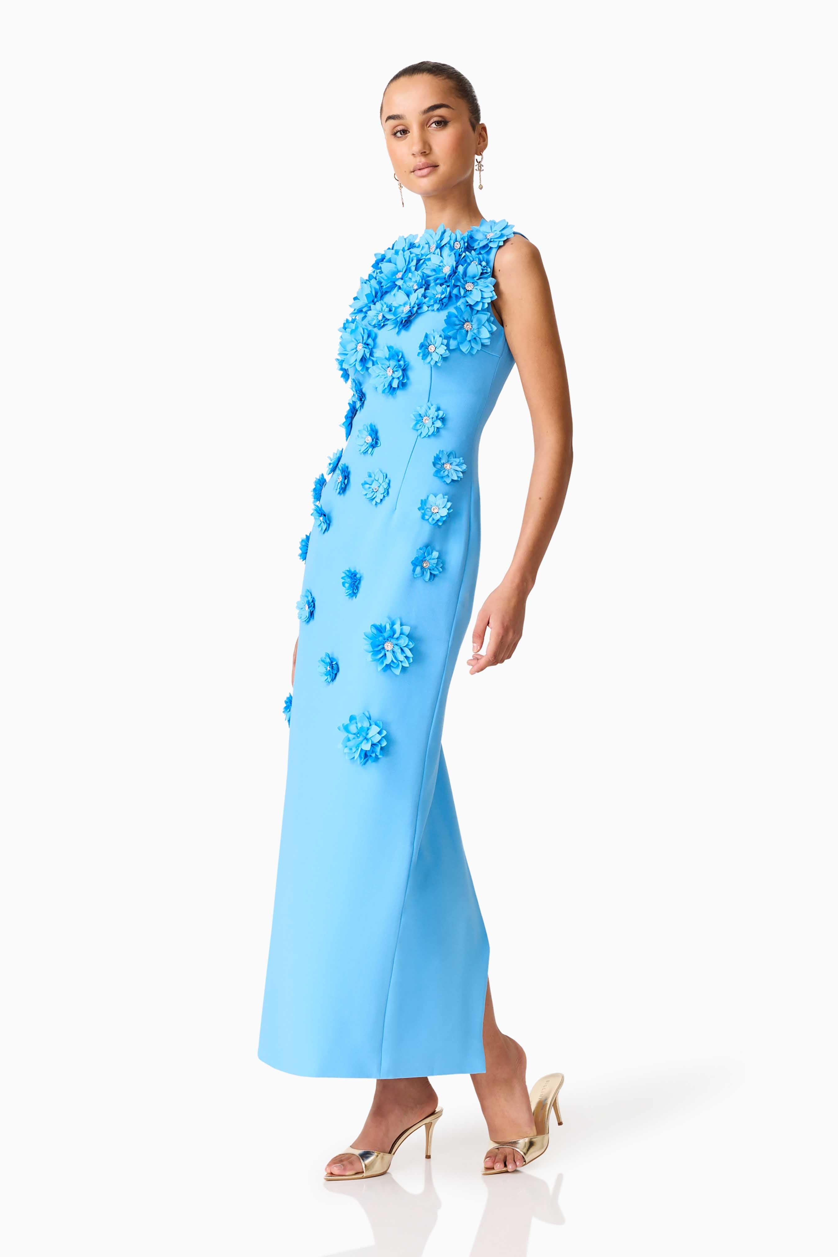 Dali Floral Applique Gown in Blue