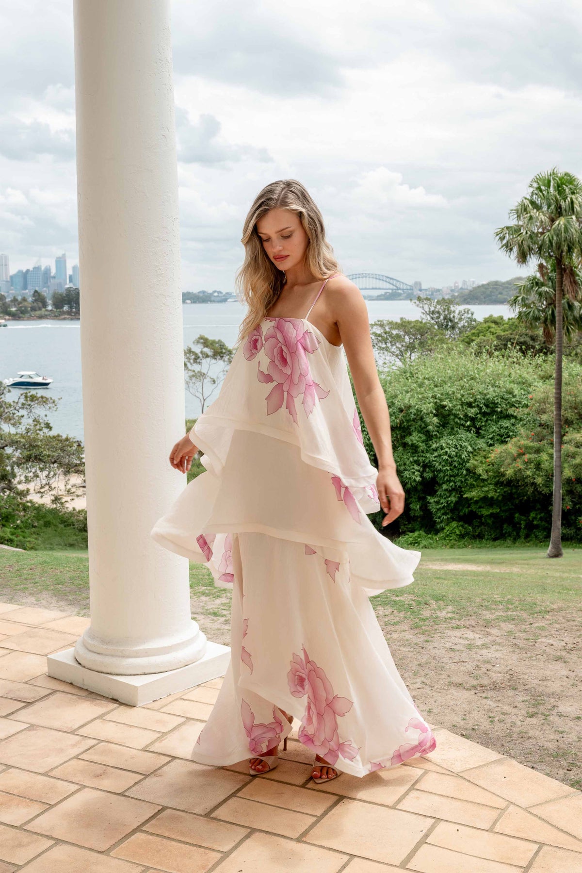 Rova Tiered Gown in Cream & Pink Floral