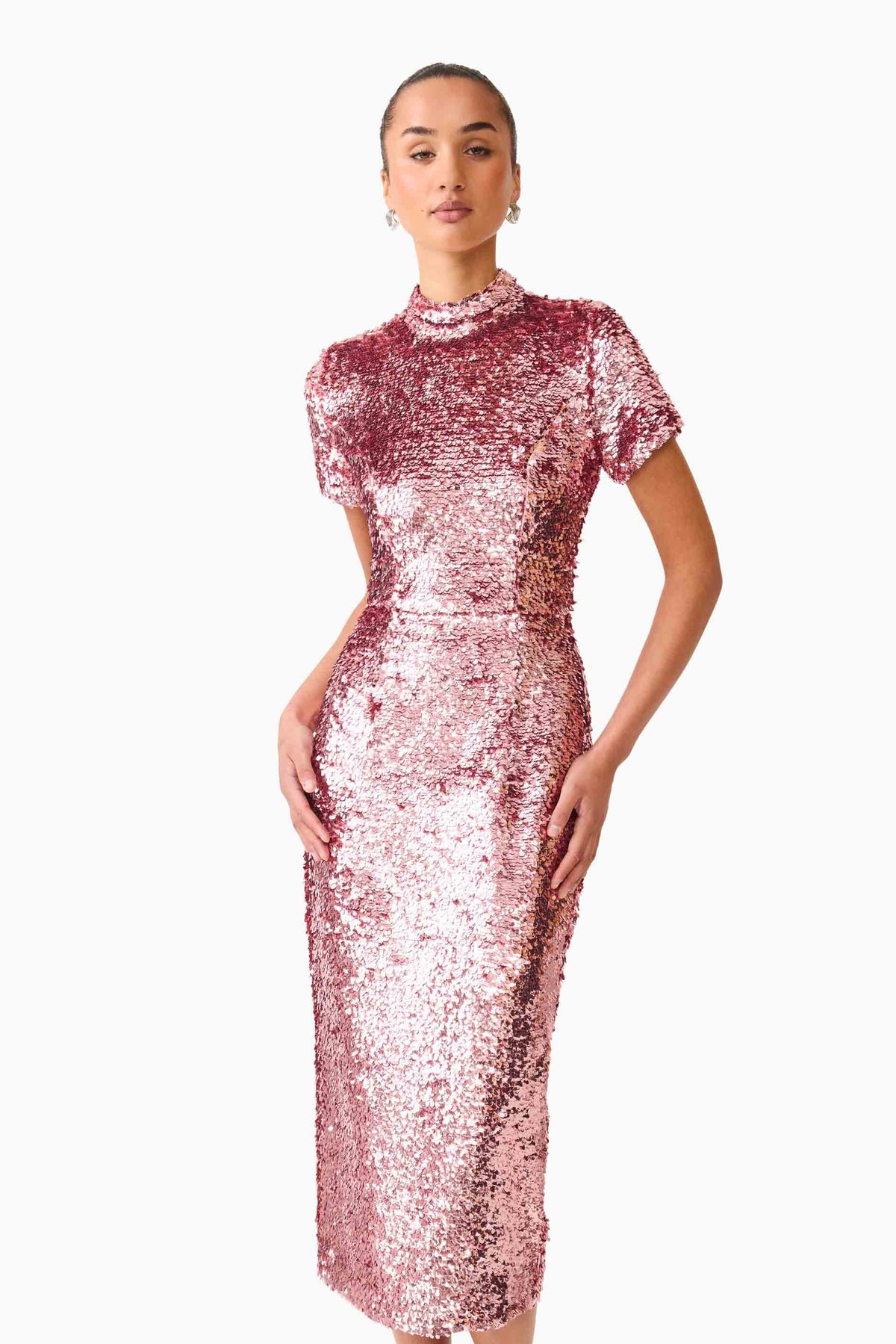 Alissa Sequin Midi Dress in Pink