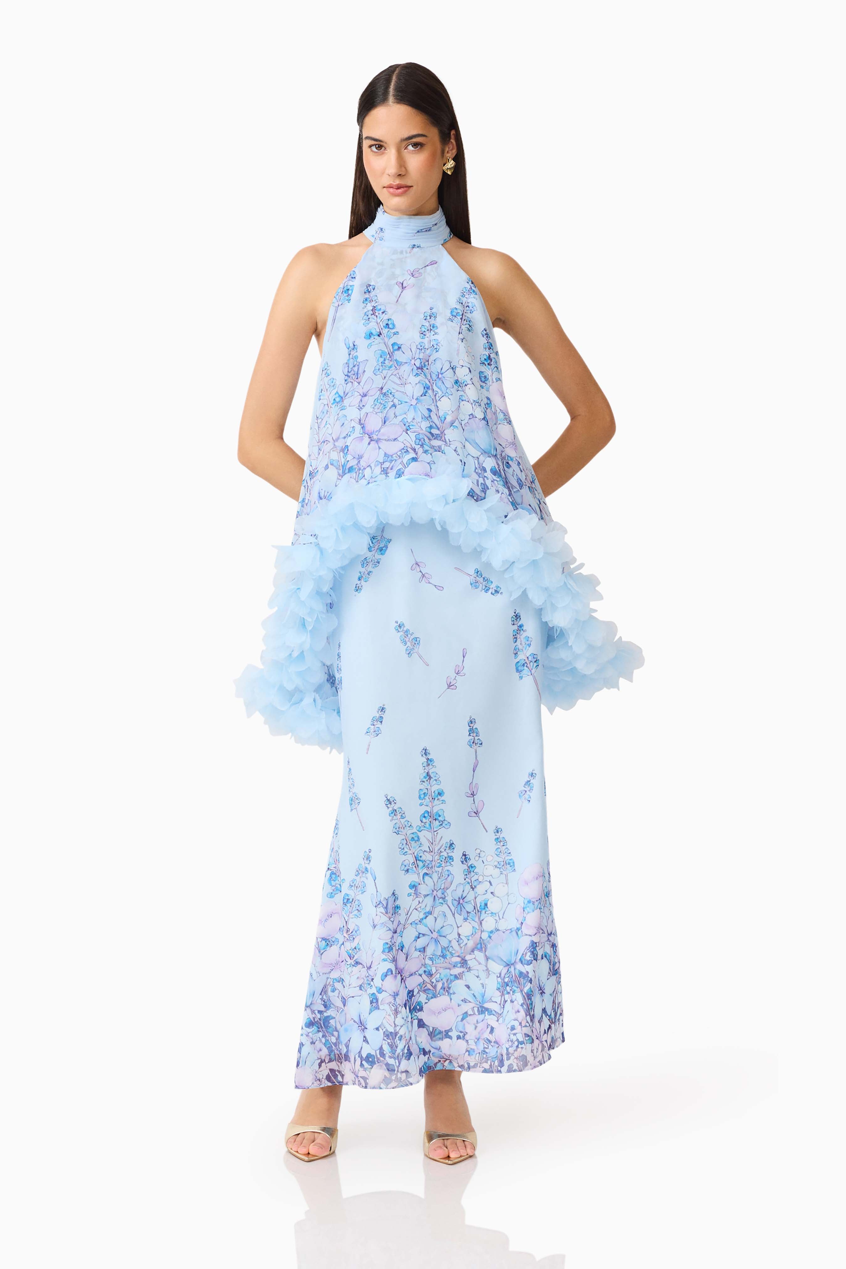 Tulsia Floral Cape Maxi Dress in Light Blue