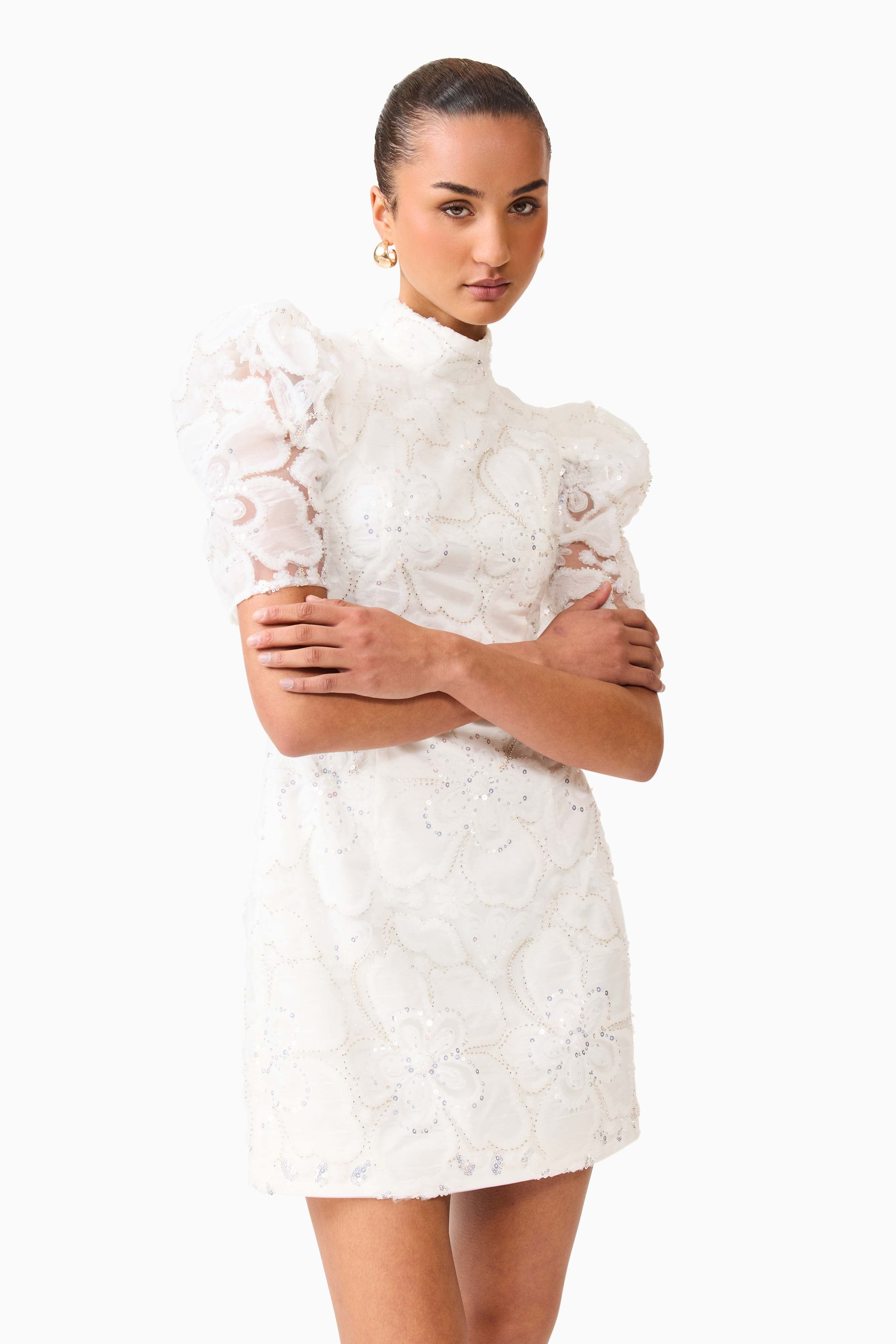 Elowen Floral Applique Mini Dress in White