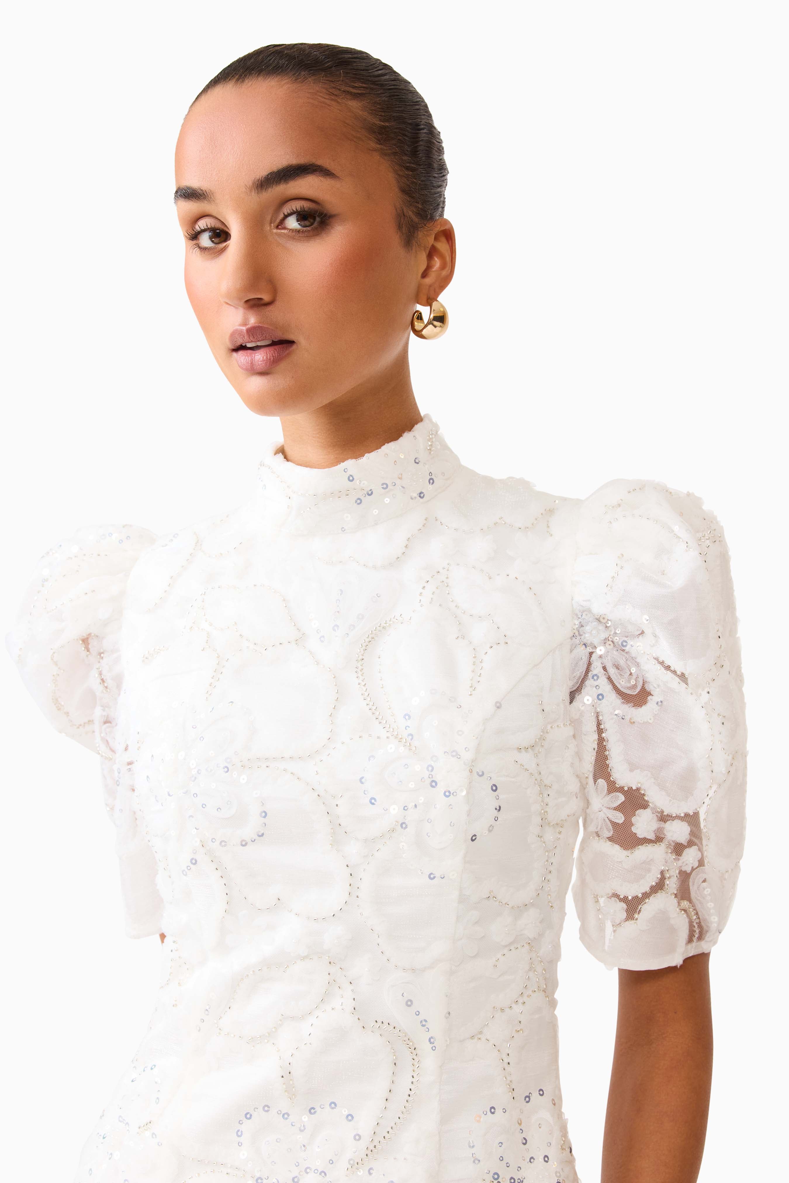 Elowen Floral Applique Mini Dress in White