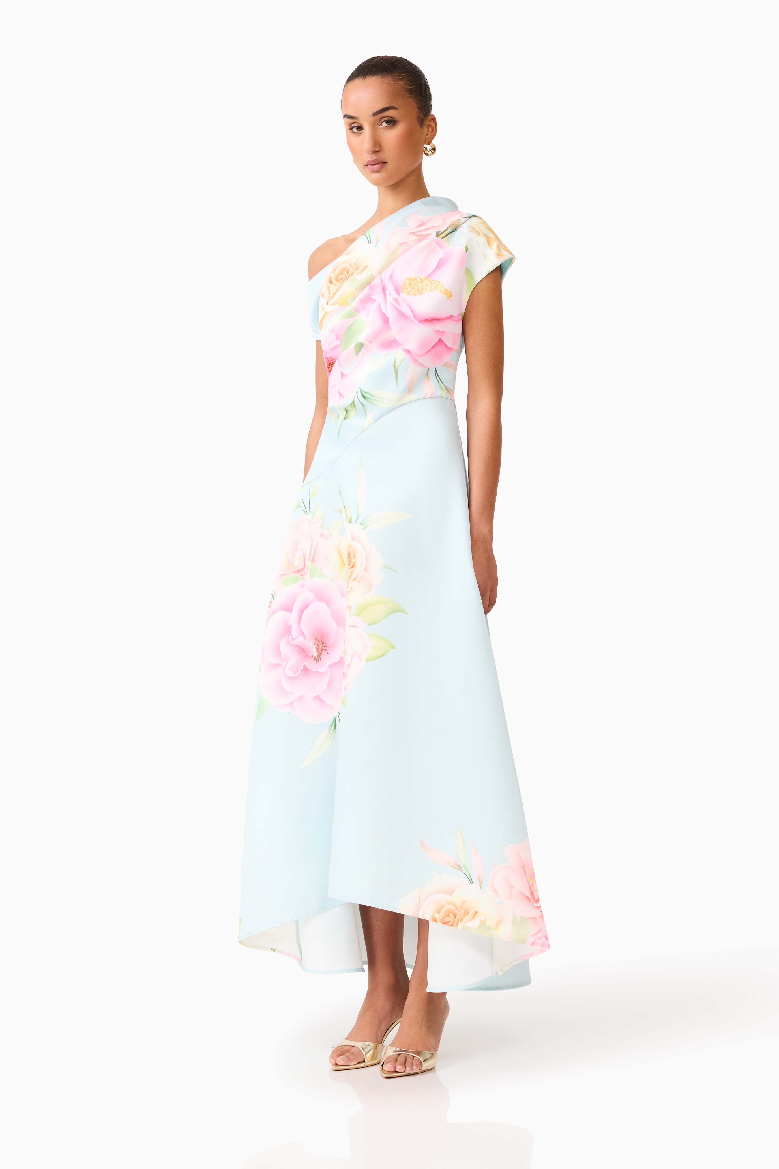 Harper Asymmetrical Gown in Baby Blue Floral