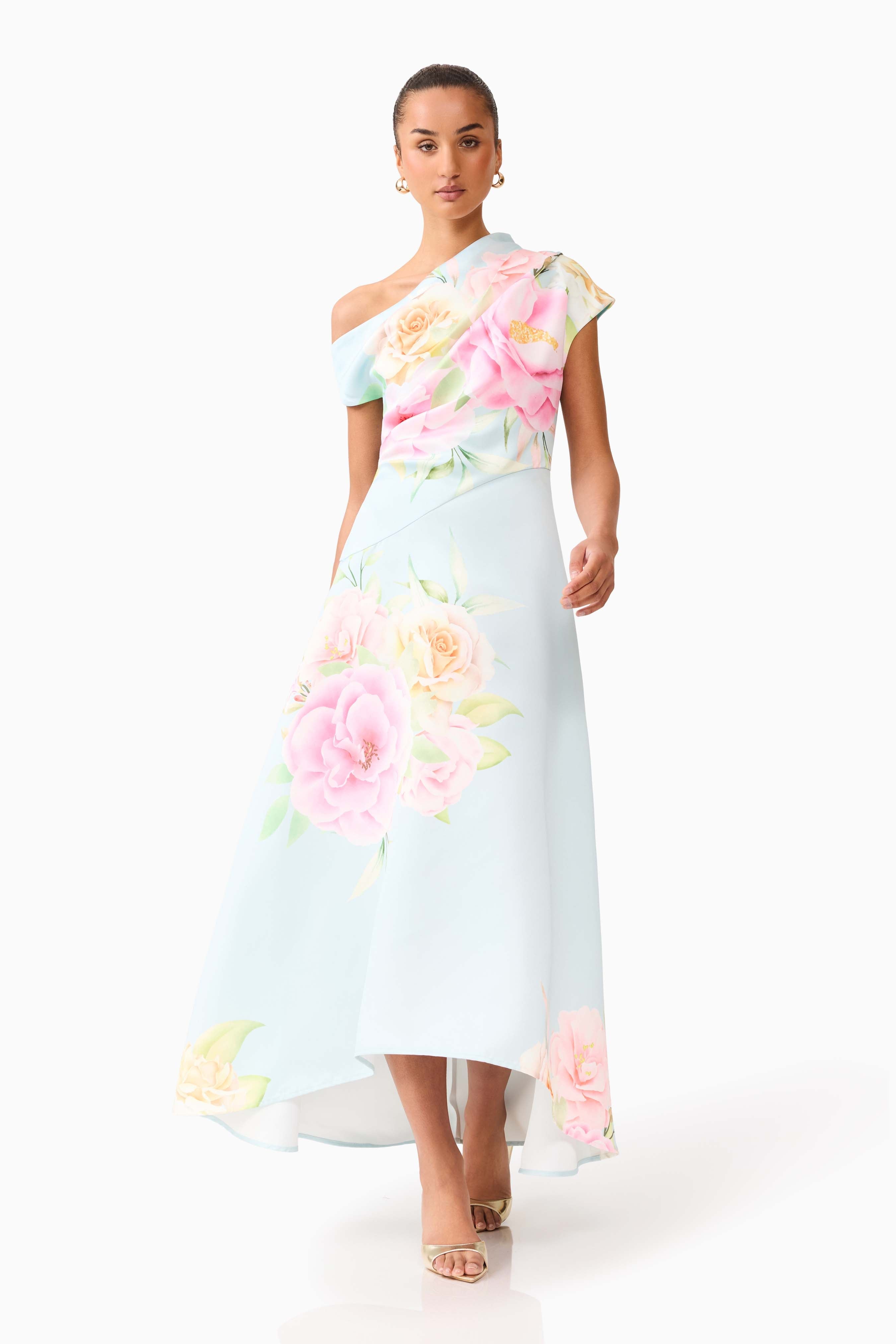 Harper Asymmetrical Gown in Baby Blue Floral