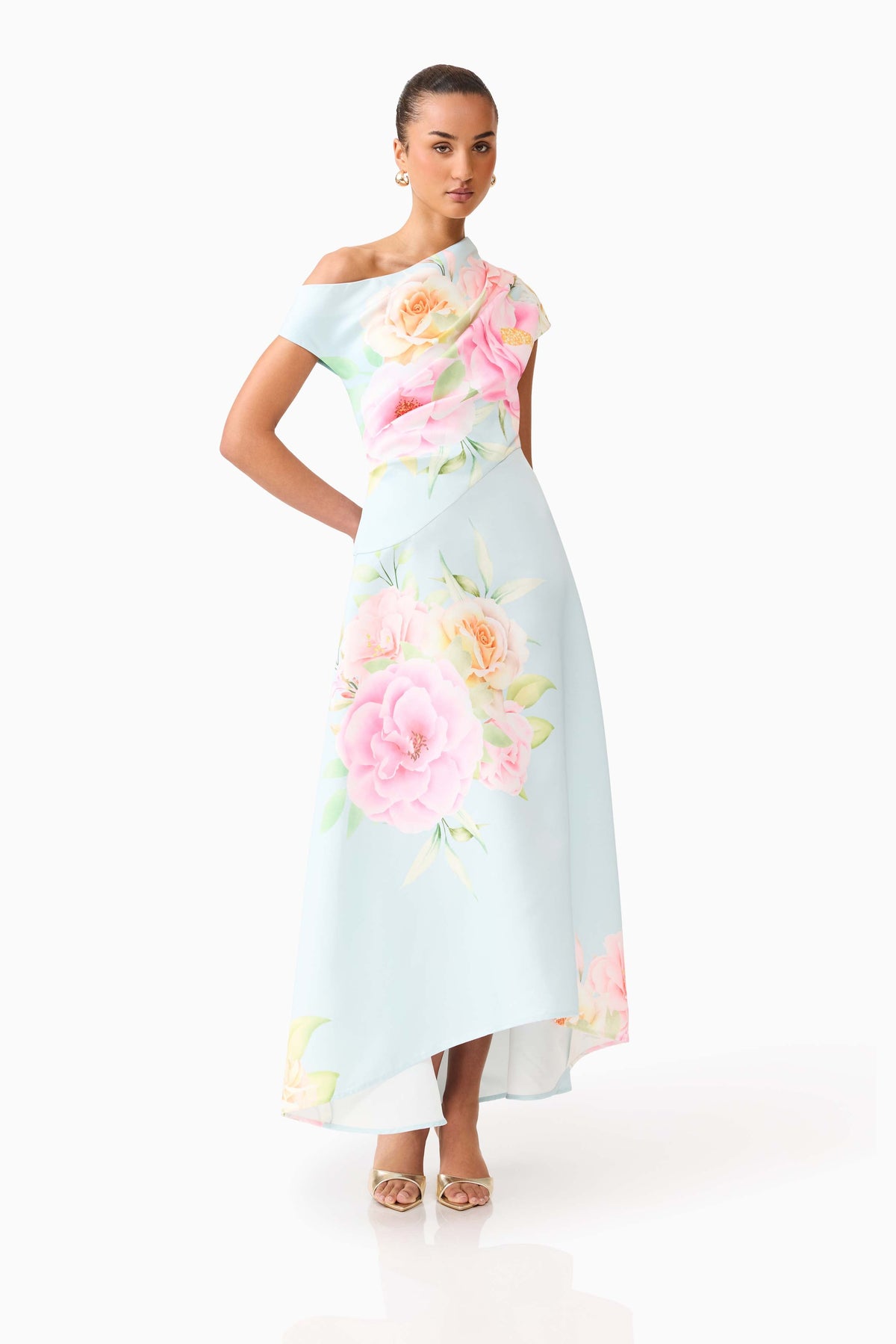 Harper Asymmetrical Gown in Baby Blue Floral