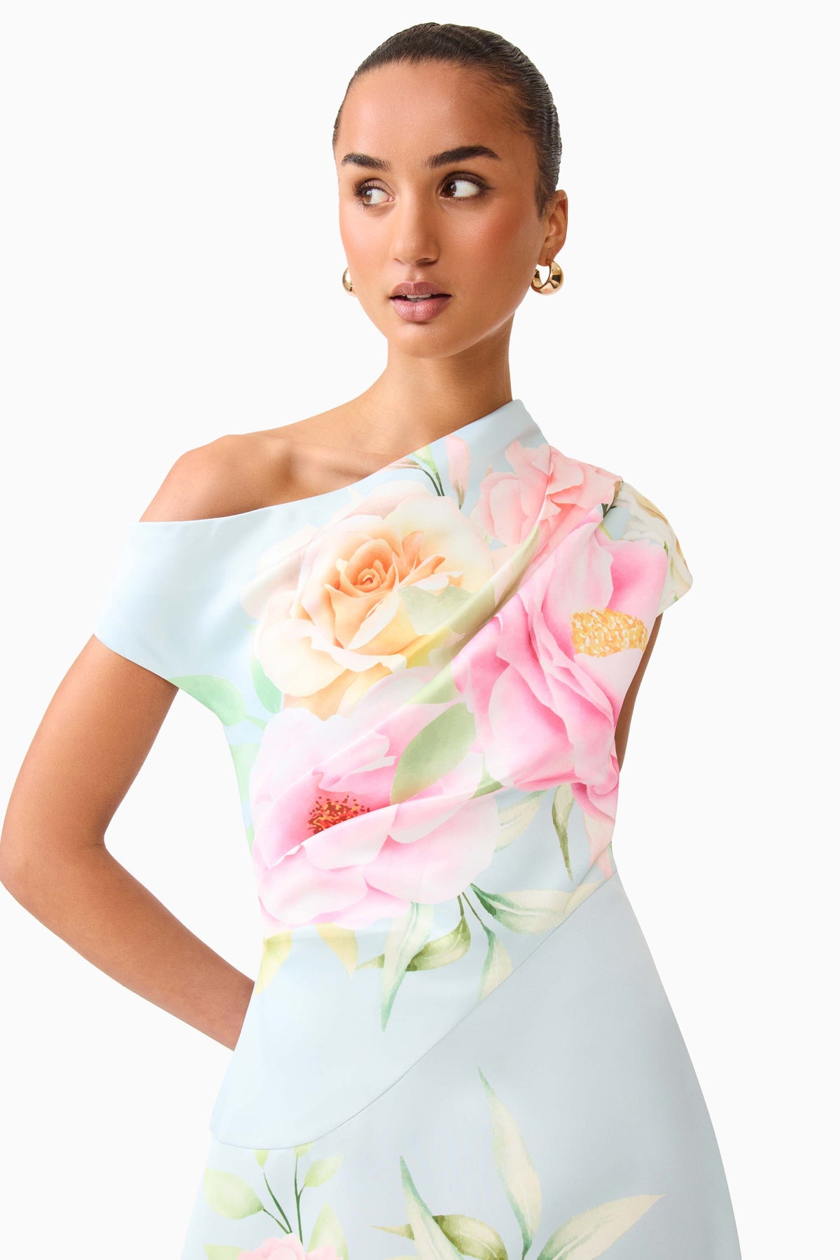 Harper Asymmetrical Gown in Baby Blue Floral