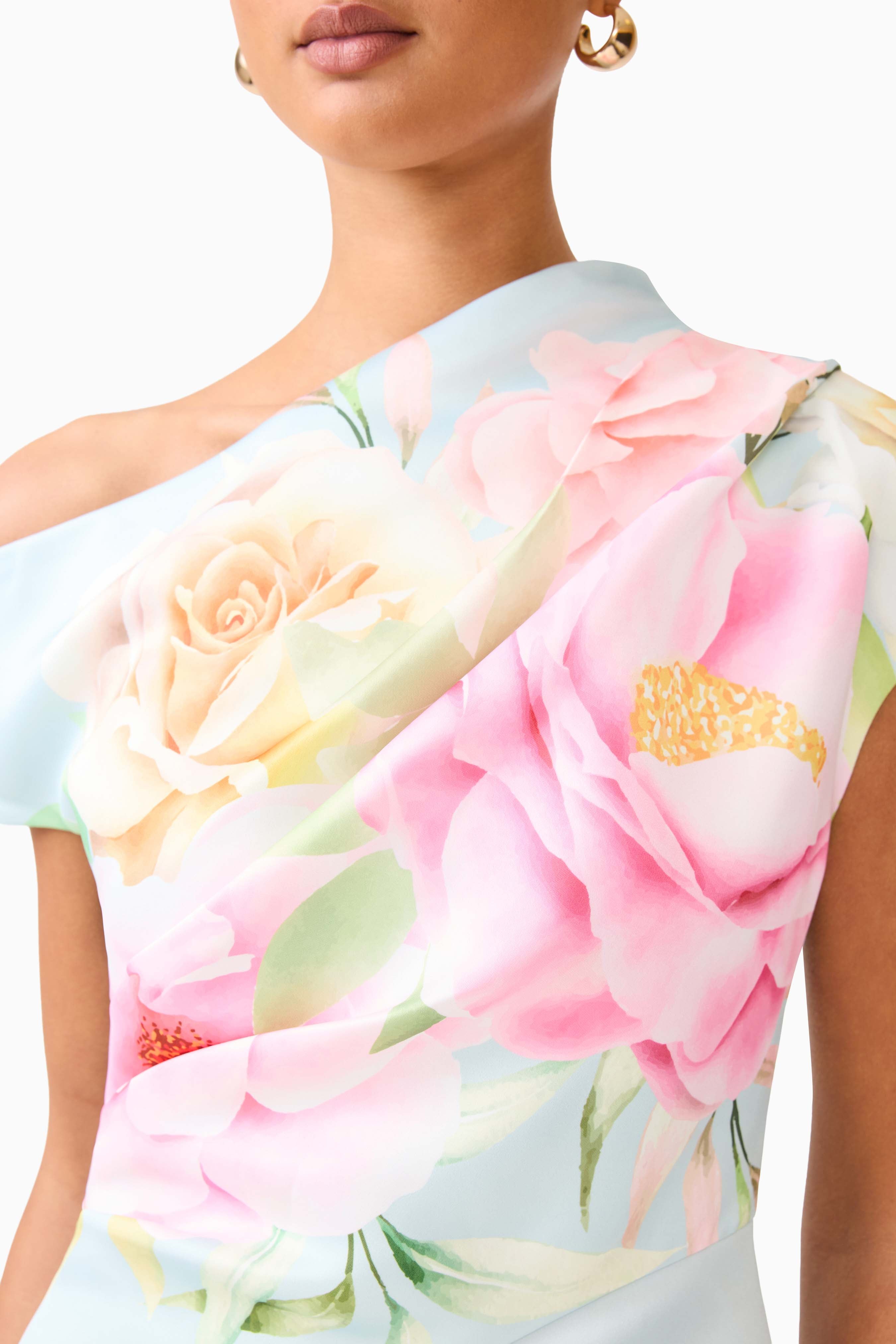 Harper Asymmetrical Gown in Baby Blue Floral
