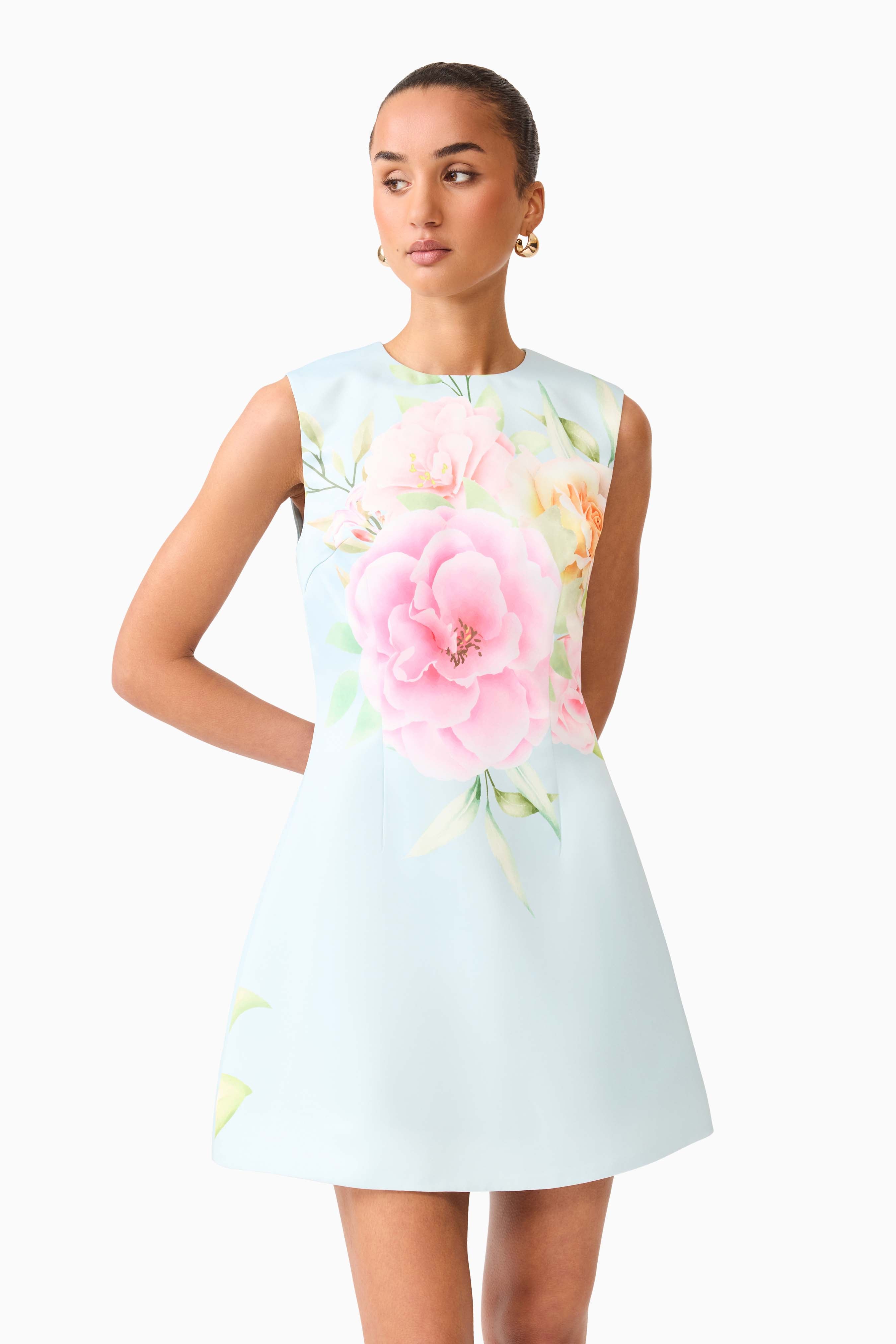 Harper Shift Mini Dress in Baby Blue Floral