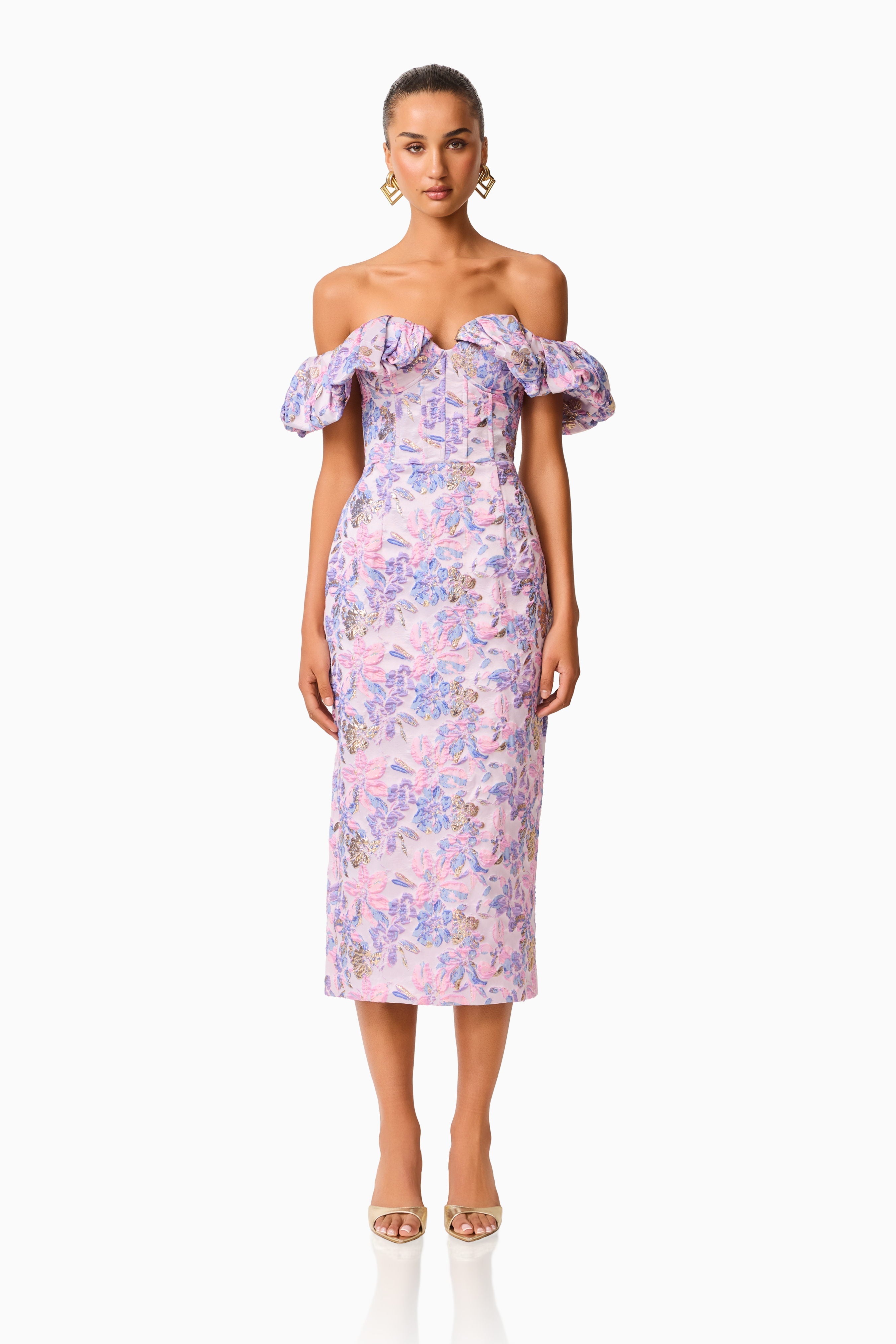 Marlene Strapless Midi Dress in Pink & Purple Floral