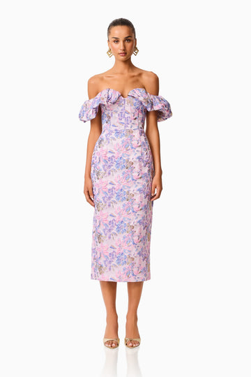 Marlene Strapless Midi Dress in Pink & Purple Floral