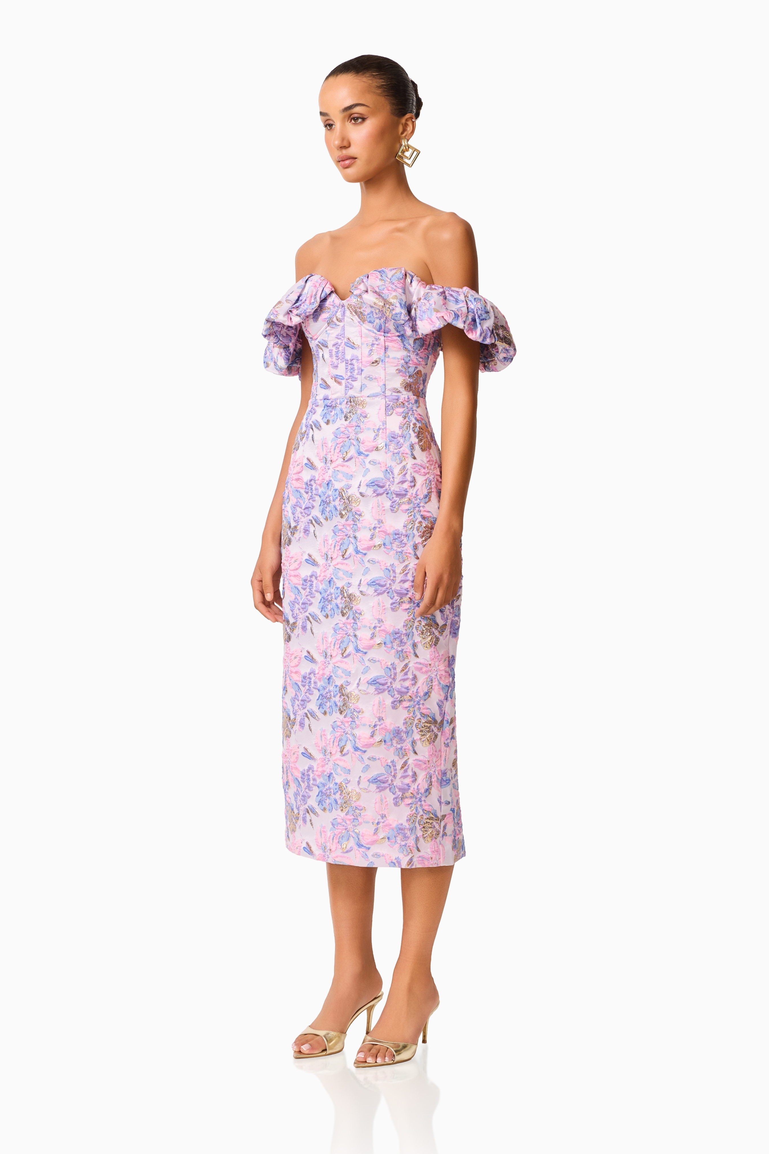 Marlene Strapless Midi Dress in Pink & Purple Floral