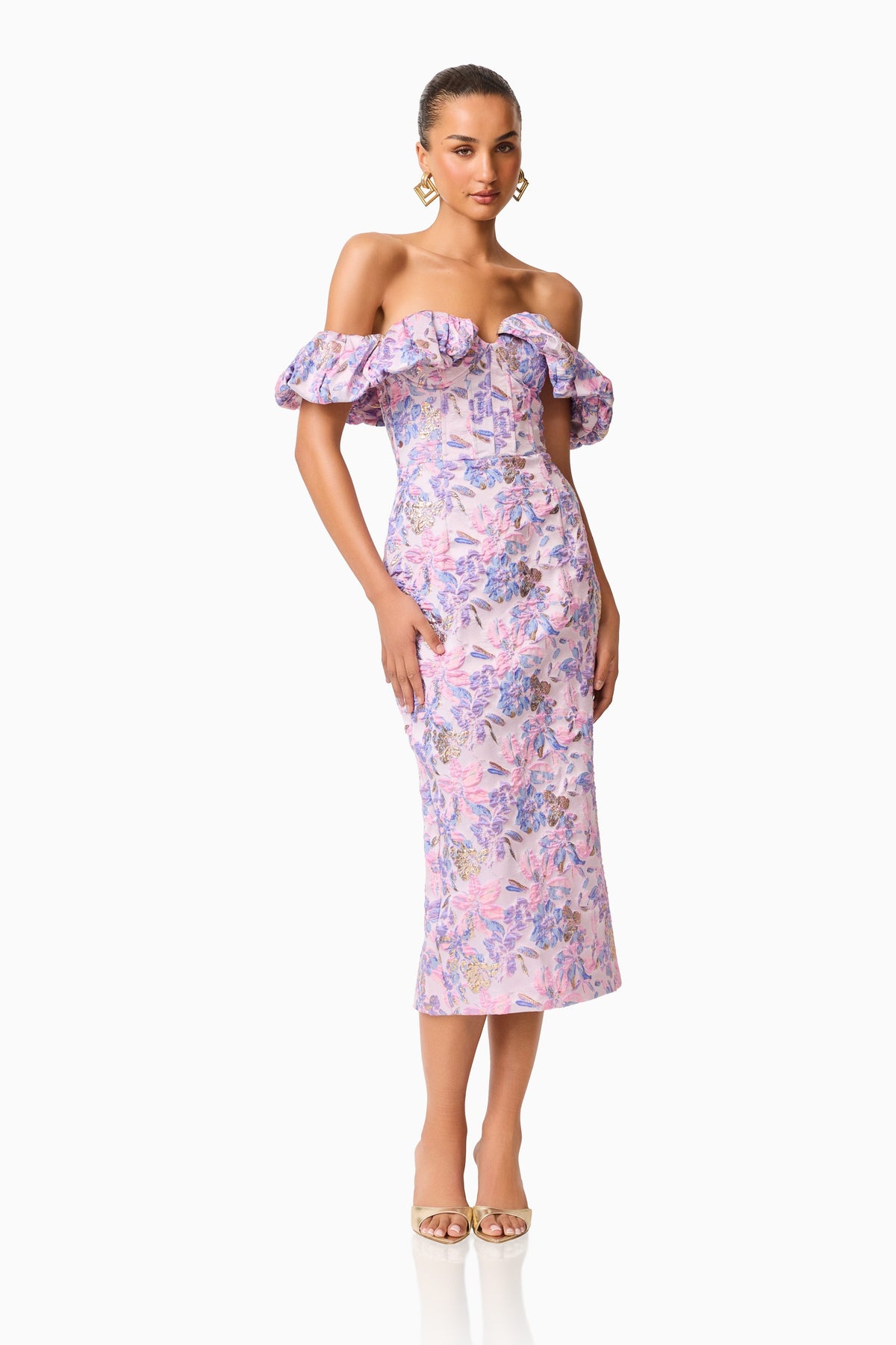 Marlene Strapless Midi Dress in Pink & Purple Floral