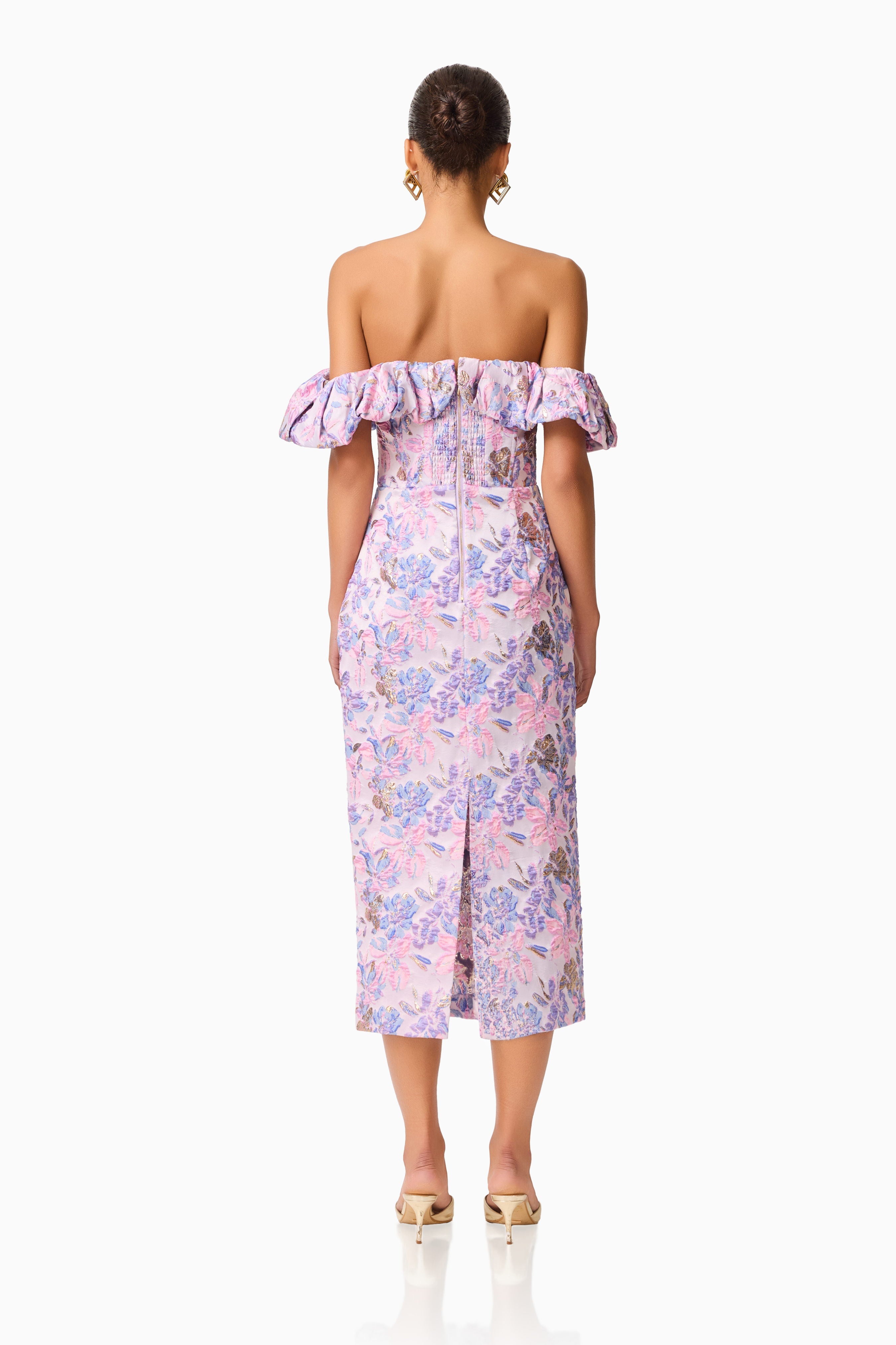 Marlene Strapless Midi Dress in Pink & Purple Floral