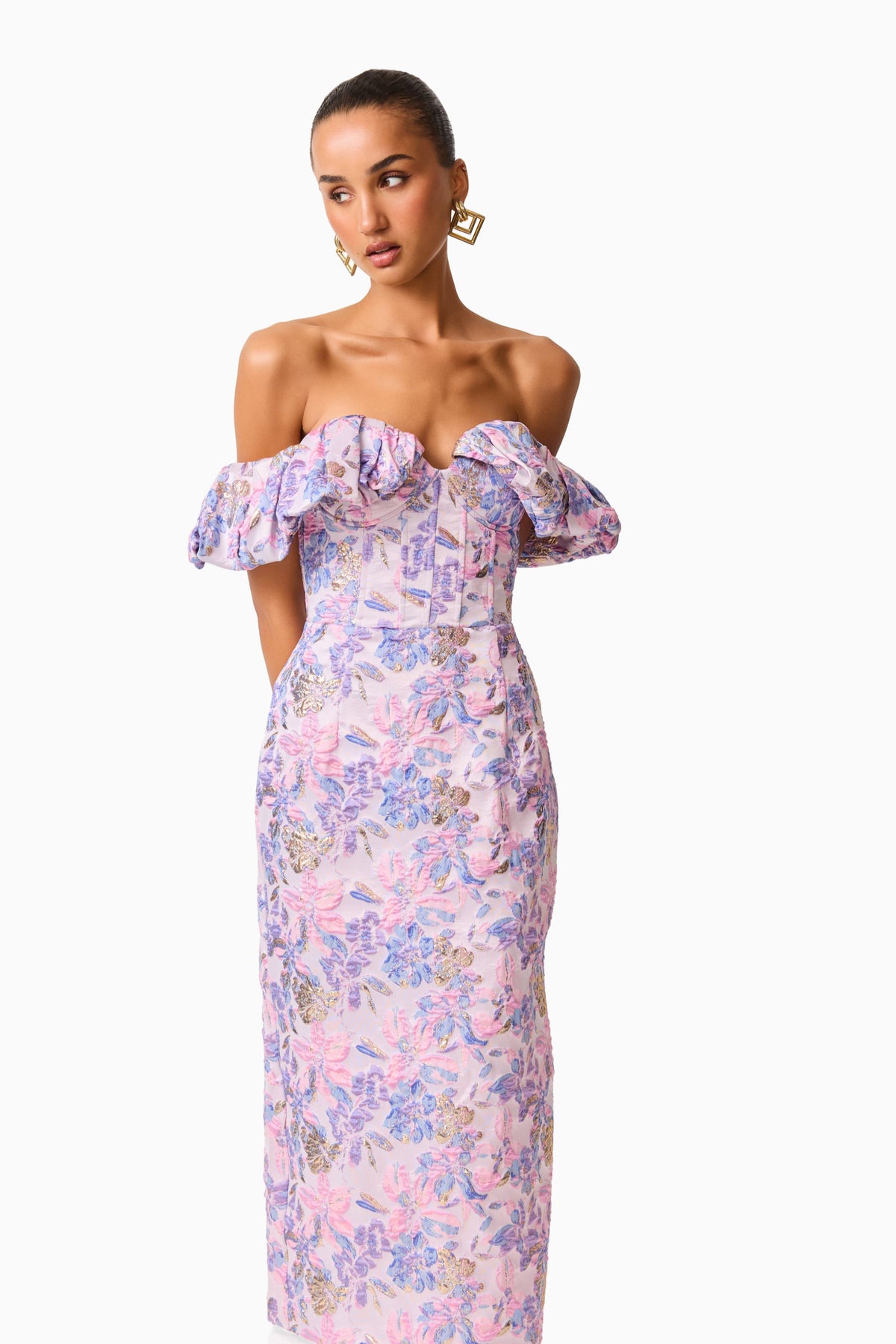 Marlene Strapless Midi Dress in Pink & Purple Floral