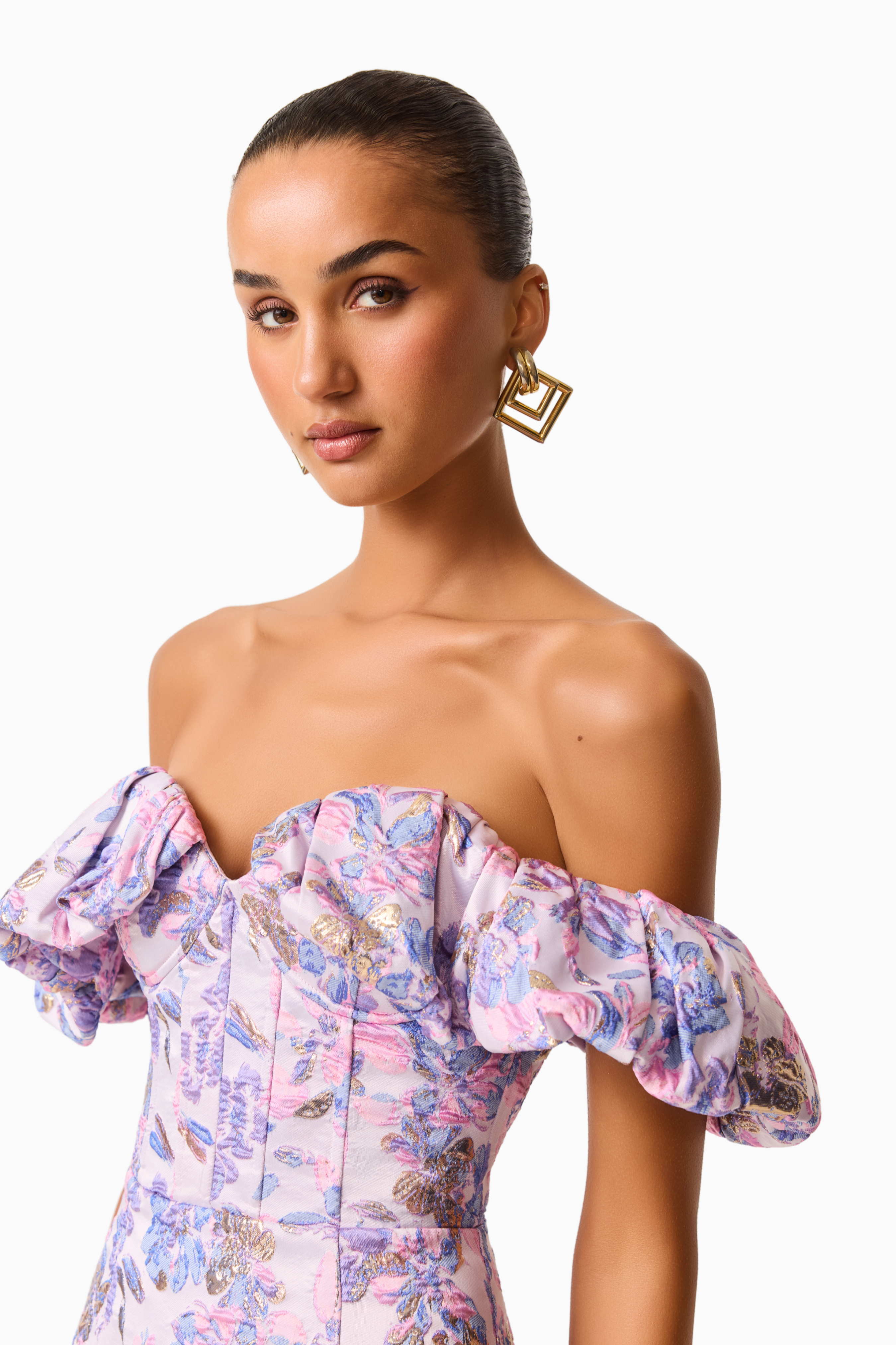 Marlene Strapless Midi Dress in Pink & Purple Floral
