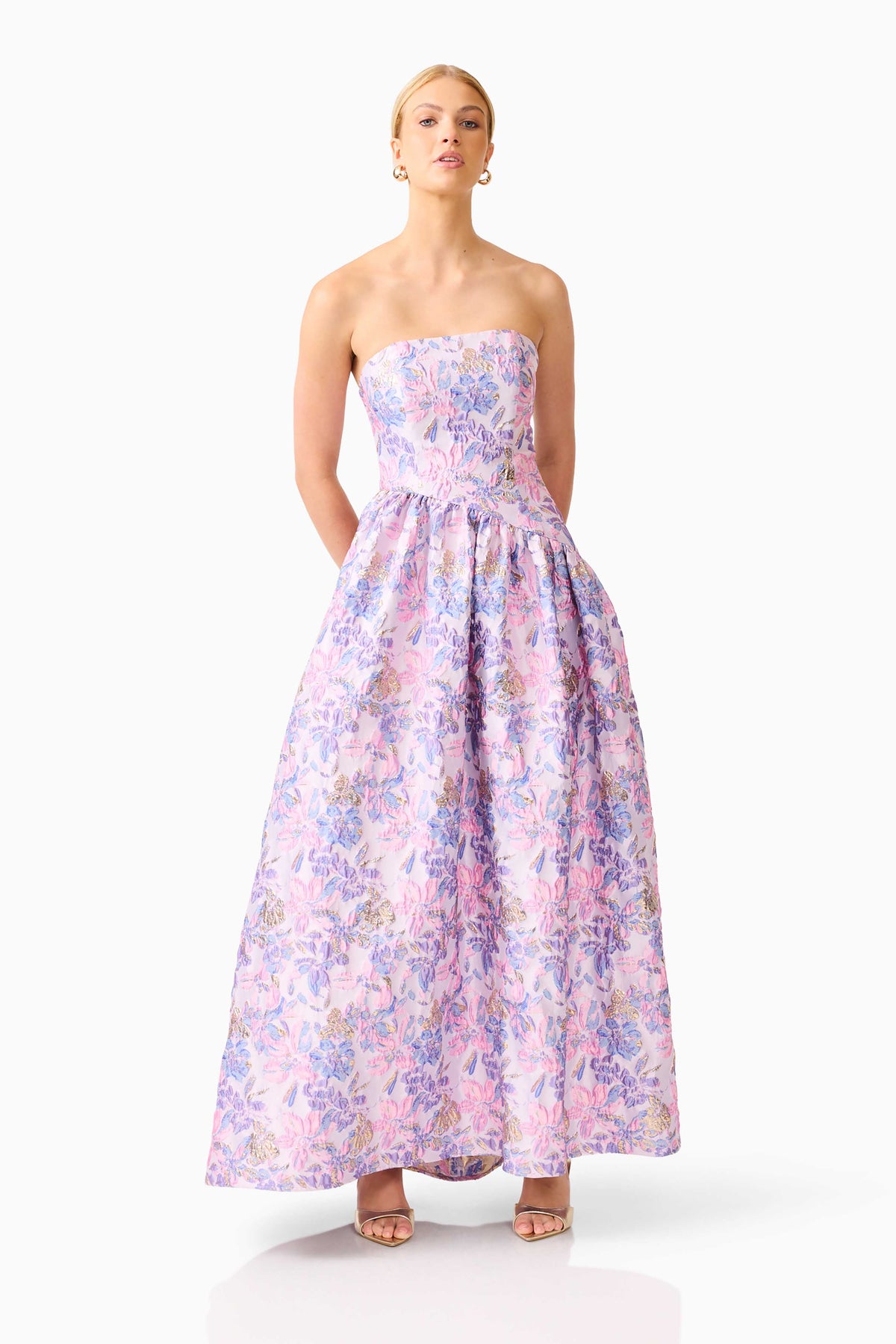 Marlene Asymmetrical Gown in Pink & Purple Floral