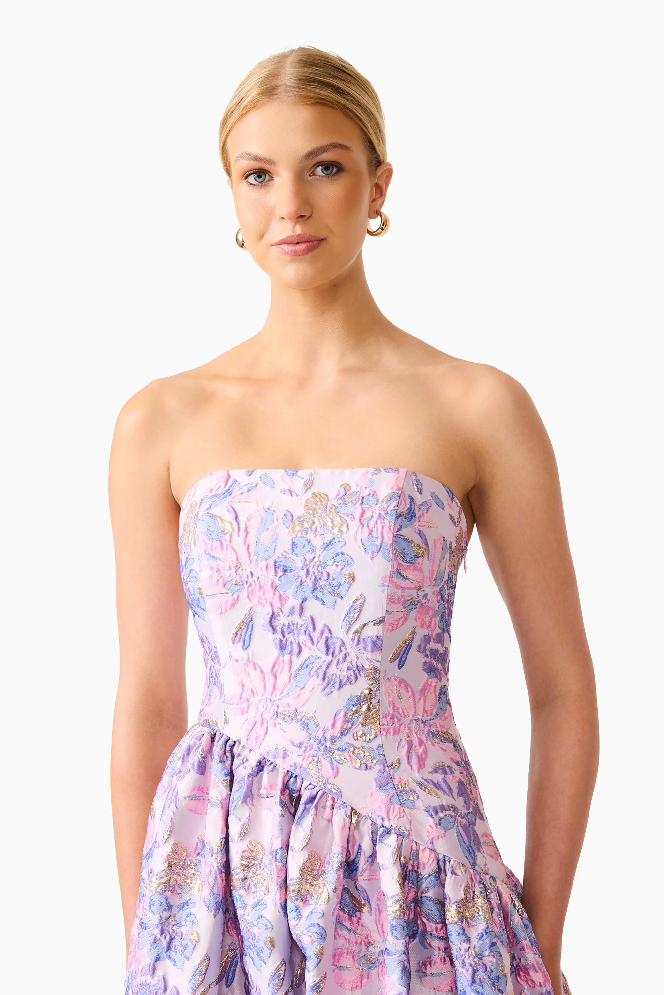 Marlene Asymmetrical Gown in Pink & Purple Floral