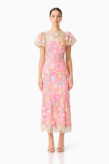 Nathalie Puff Sleeve Gown in Pink Floral