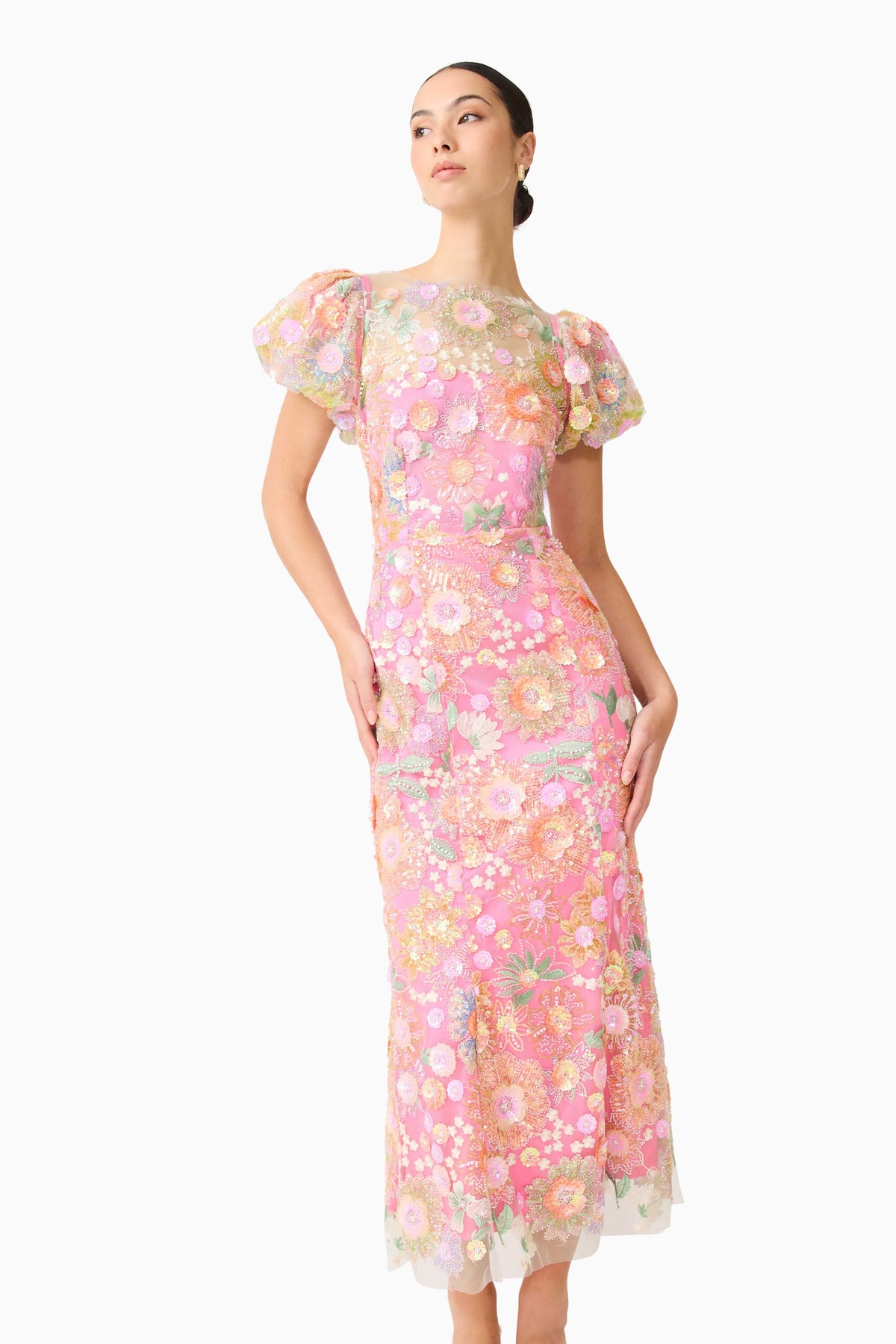 Nathalie Puff Sleeve Gown in Pink Floral