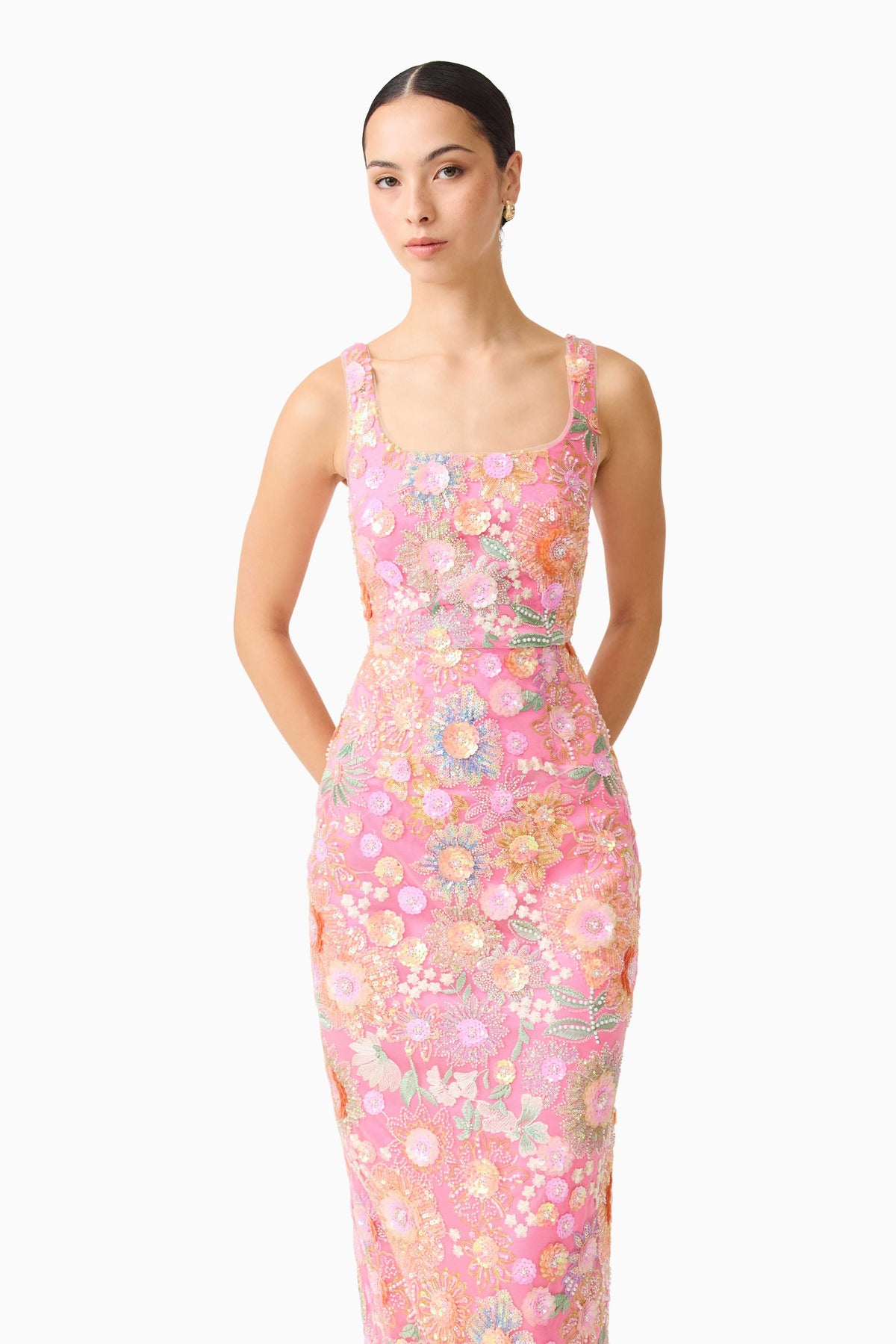 Nathalie Colunm Midi Dress in Pink Floral