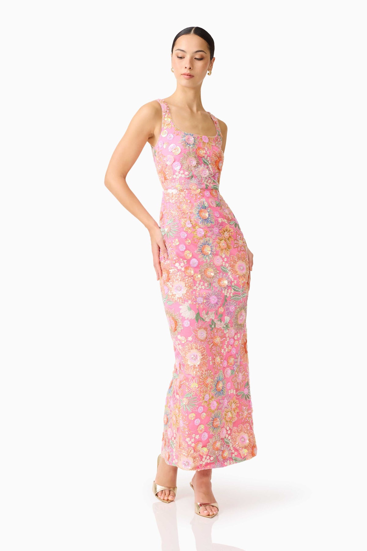 Nathalie Colunm Midi Dress in Pink Floral